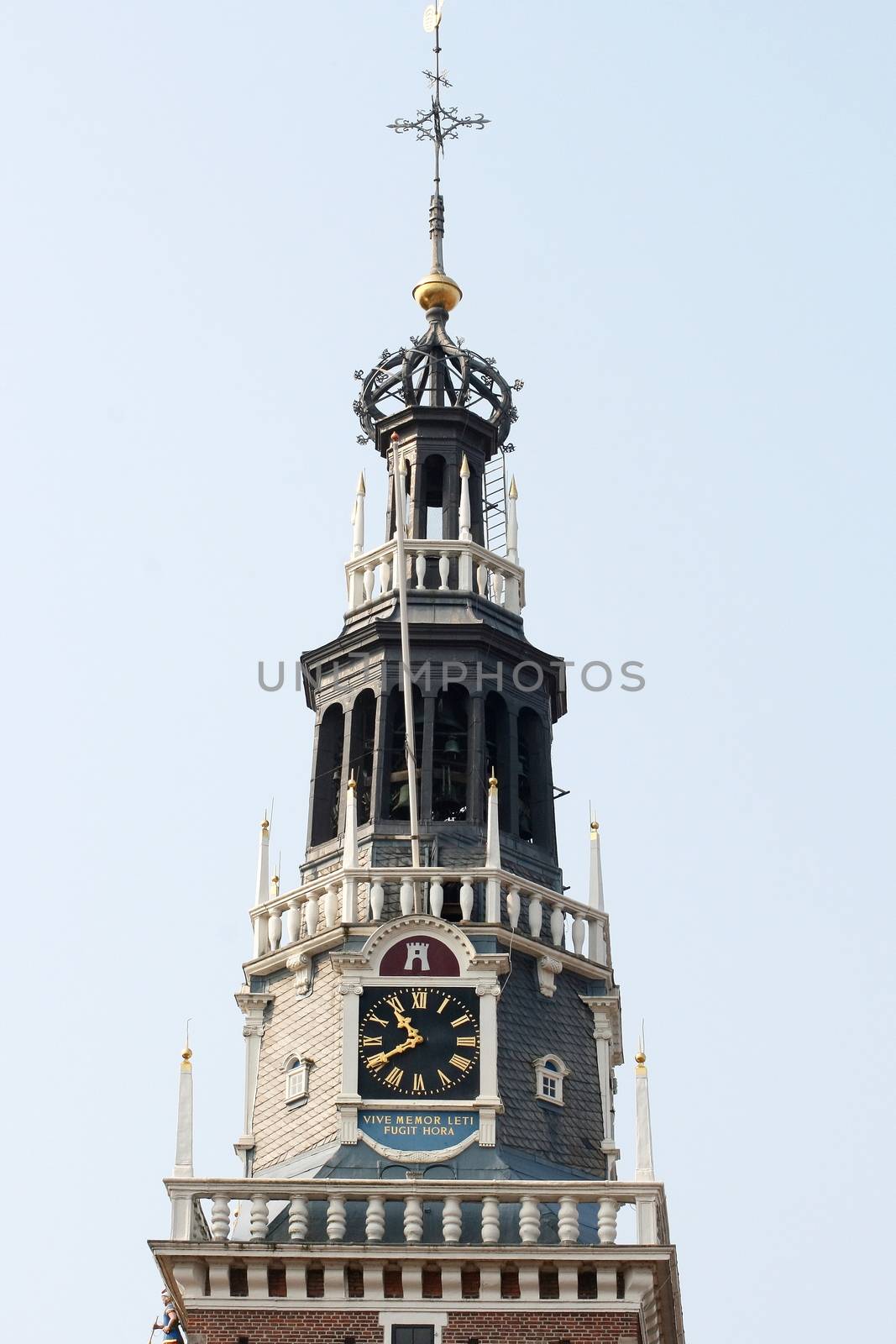 beautiful steeple, with a blue sky background