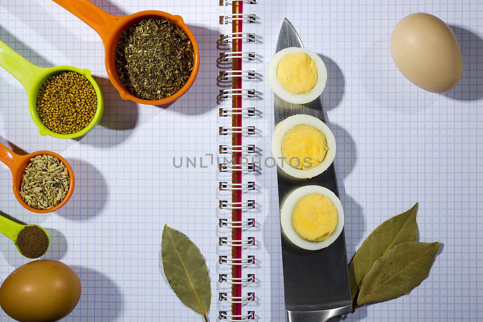 Chicken eggs and spices on a notebook background