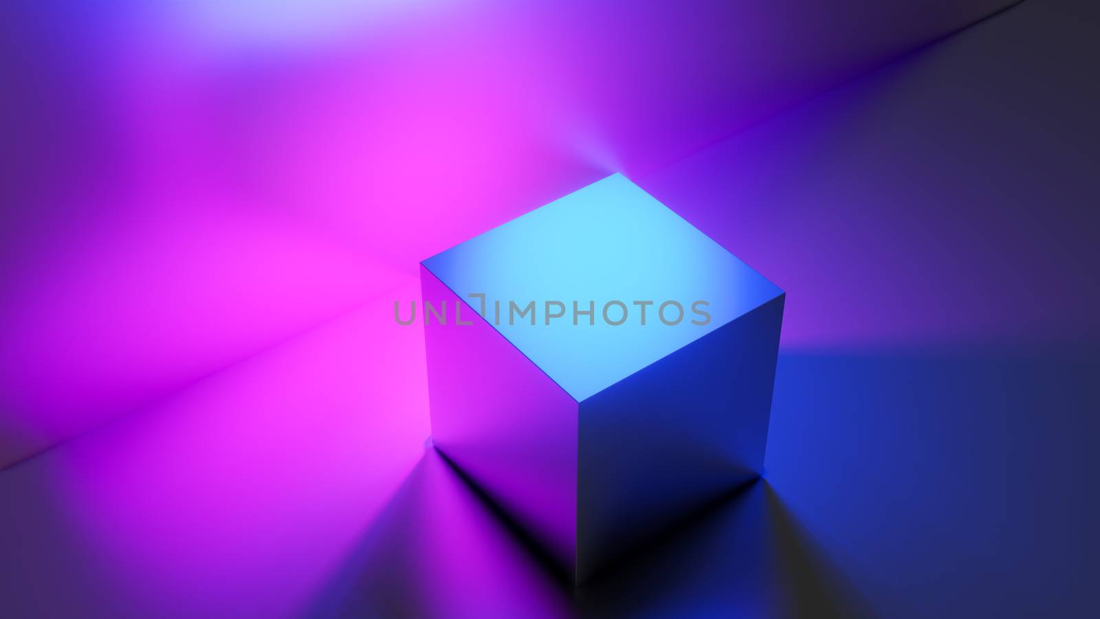 Product display stand for display of content design. Abstract fashion background, ultraviolet neon lights, pink blue vibrant colors, laser show. Banner for advertise product. 3D illustration
