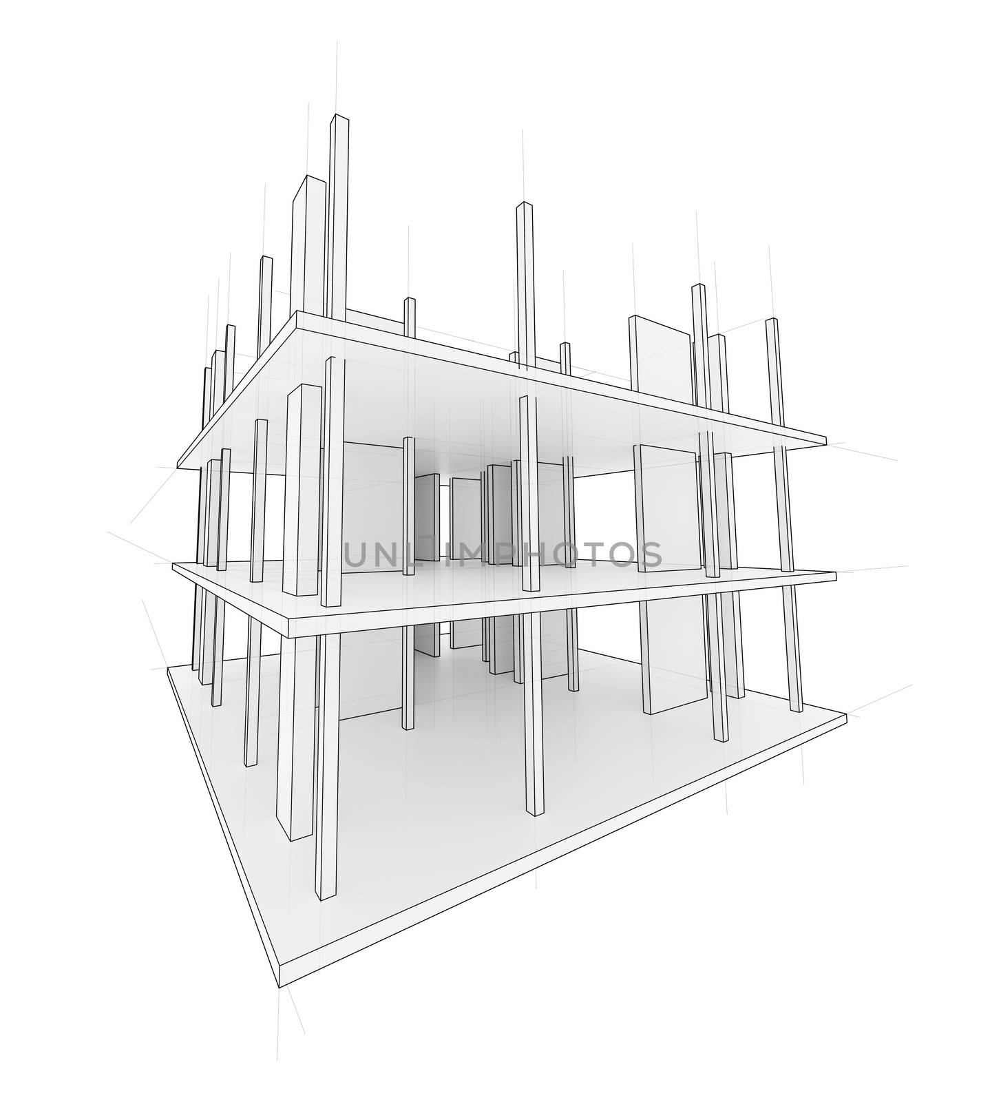 Drawing or sketch of a house under construction. Construction site. Main line, back contour and auxiliary lines. 3D illustration