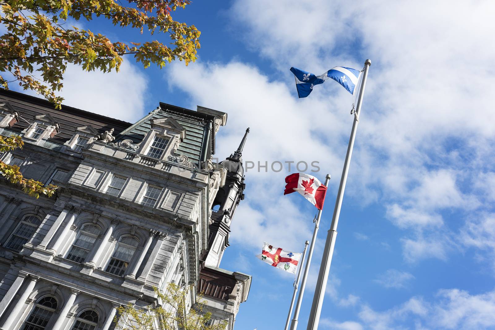 view of City Hall of old Montreal city with patriot flags by day