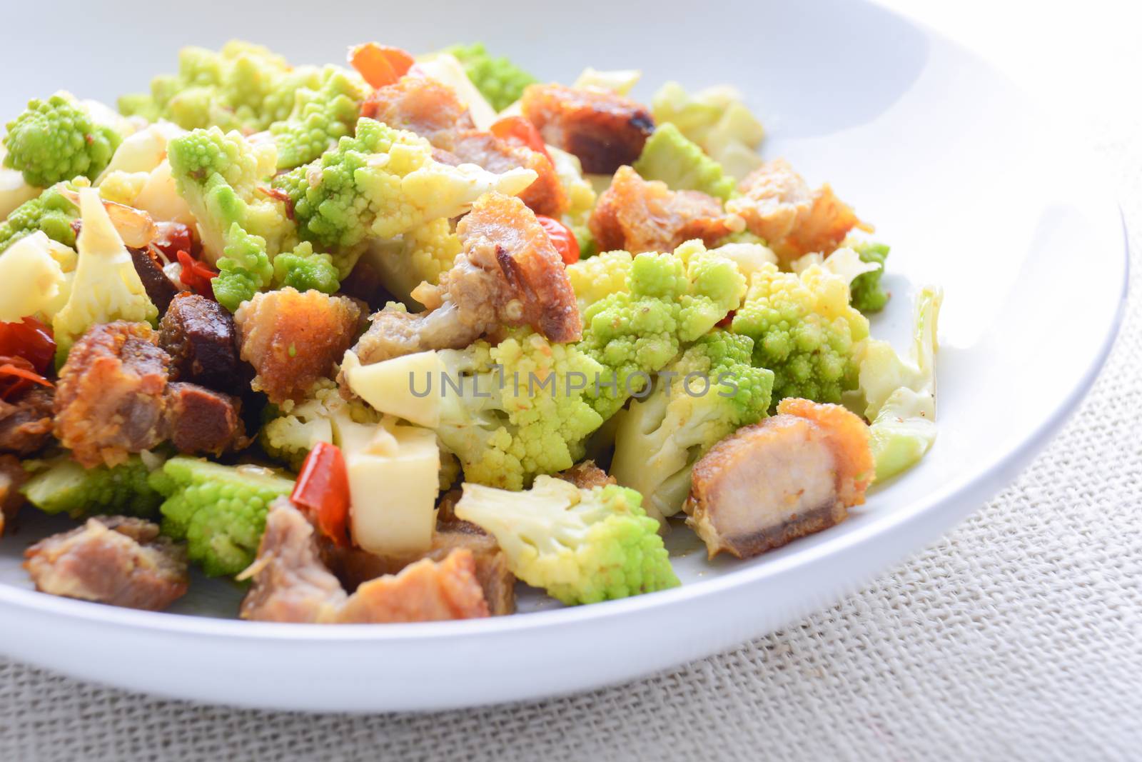 Stir fry Romanesco broccoli with crispy pork and chili, very hea by yuiyuize