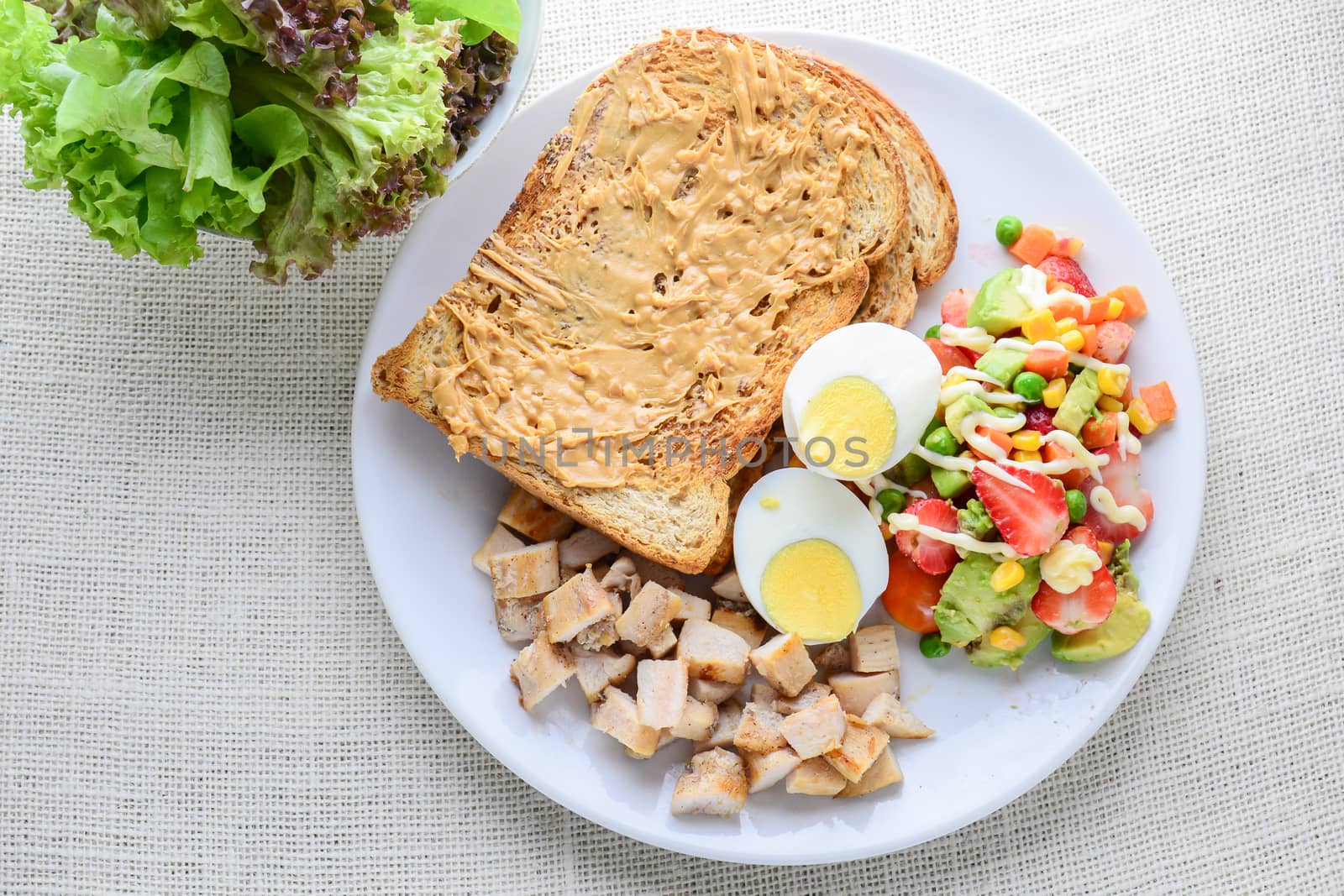 Modern style clean food, Peanut butter with bread, boiled egg, g by yuiyuize