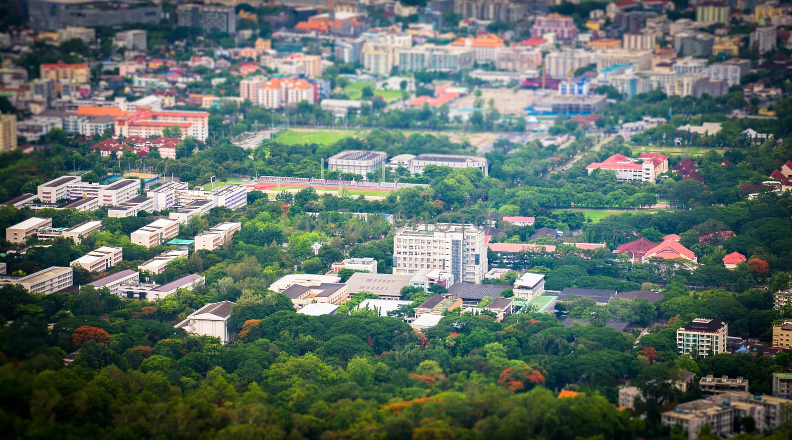 Tilt and shift miniature effect of buildings in Chiang Mai, Thai by yuiyuize