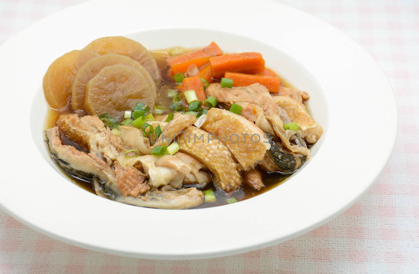 Salmon in soy source with vegetables, fish maw soup