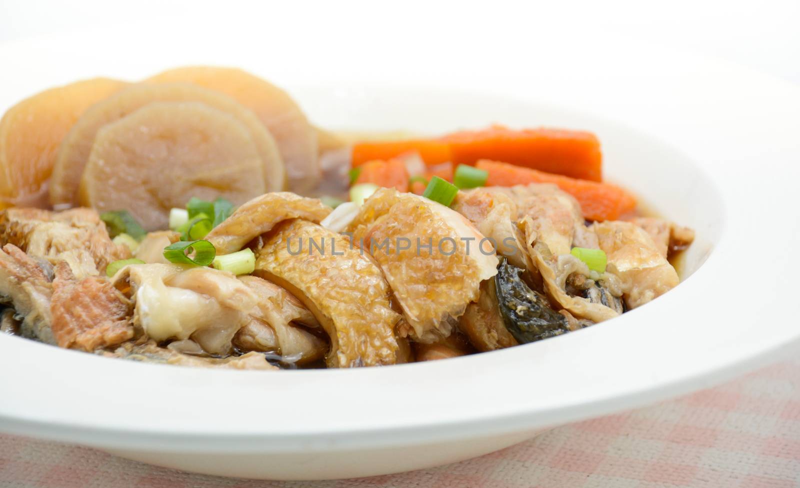 Salmon in soy source with vegetables, fish maw soup