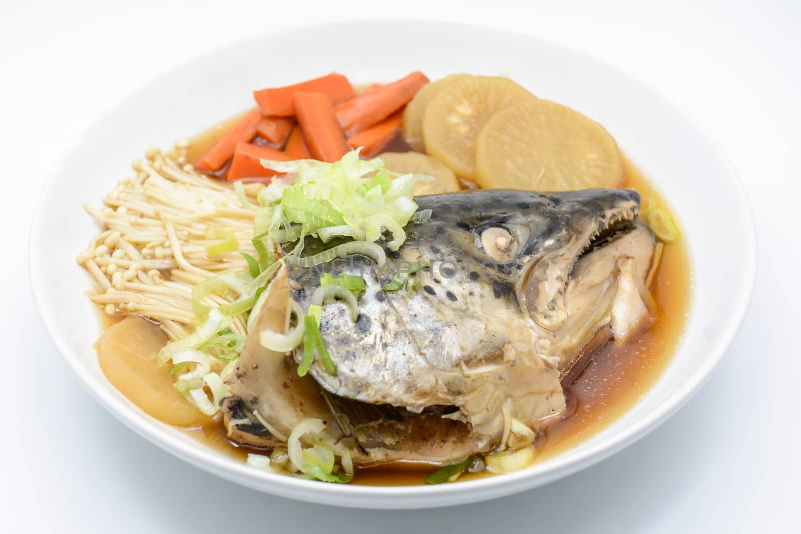 Soup Salmon in soy source with vegetables, Japanese foods by yuiyuize