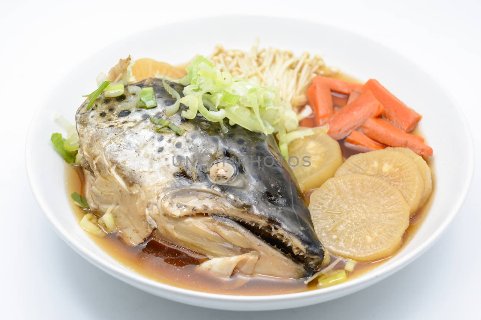 Soup Salmon in soy source with vegetables, Japanese foods