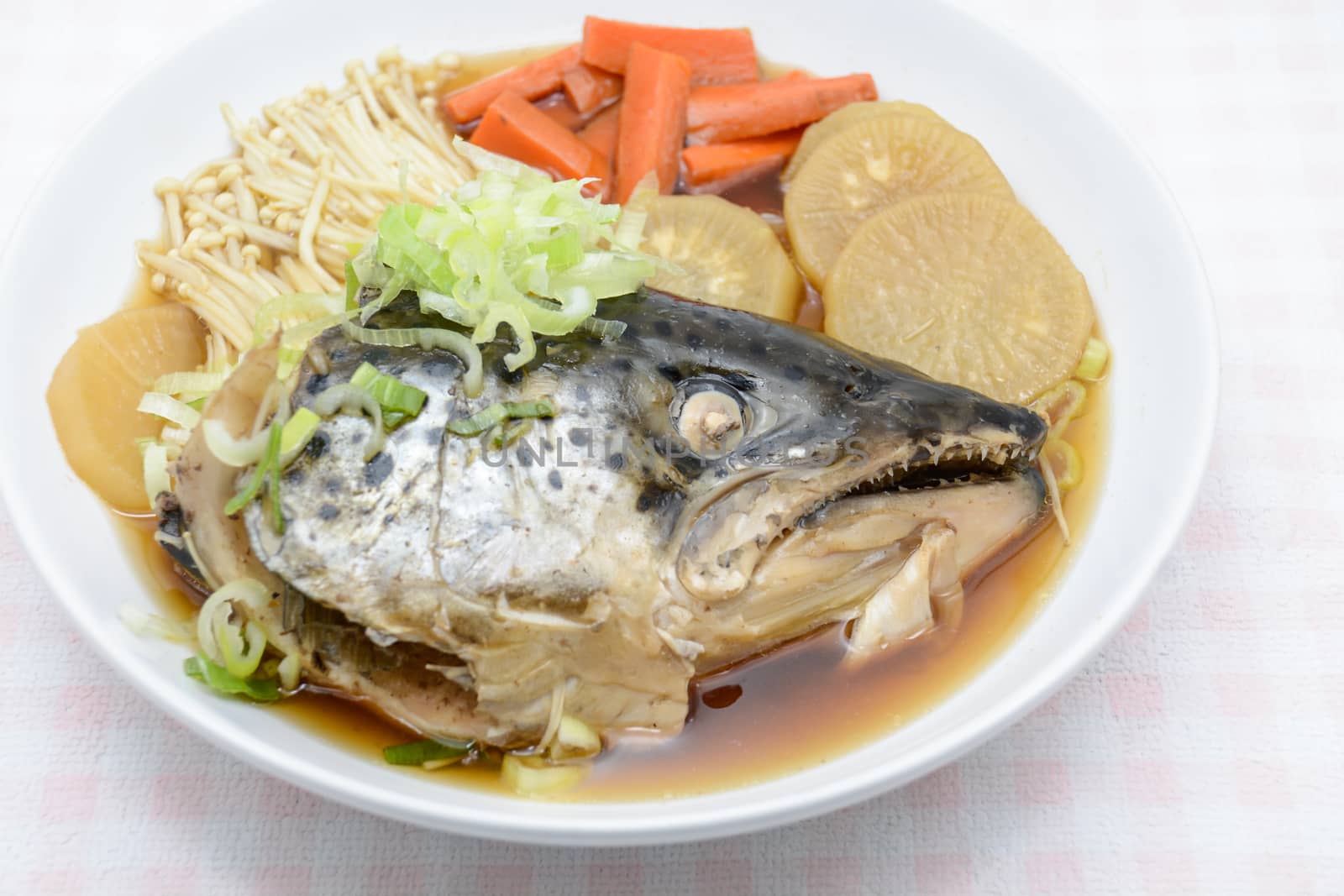 Soup Salmon in soy source with vegetables, Japanese foods by yuiyuize