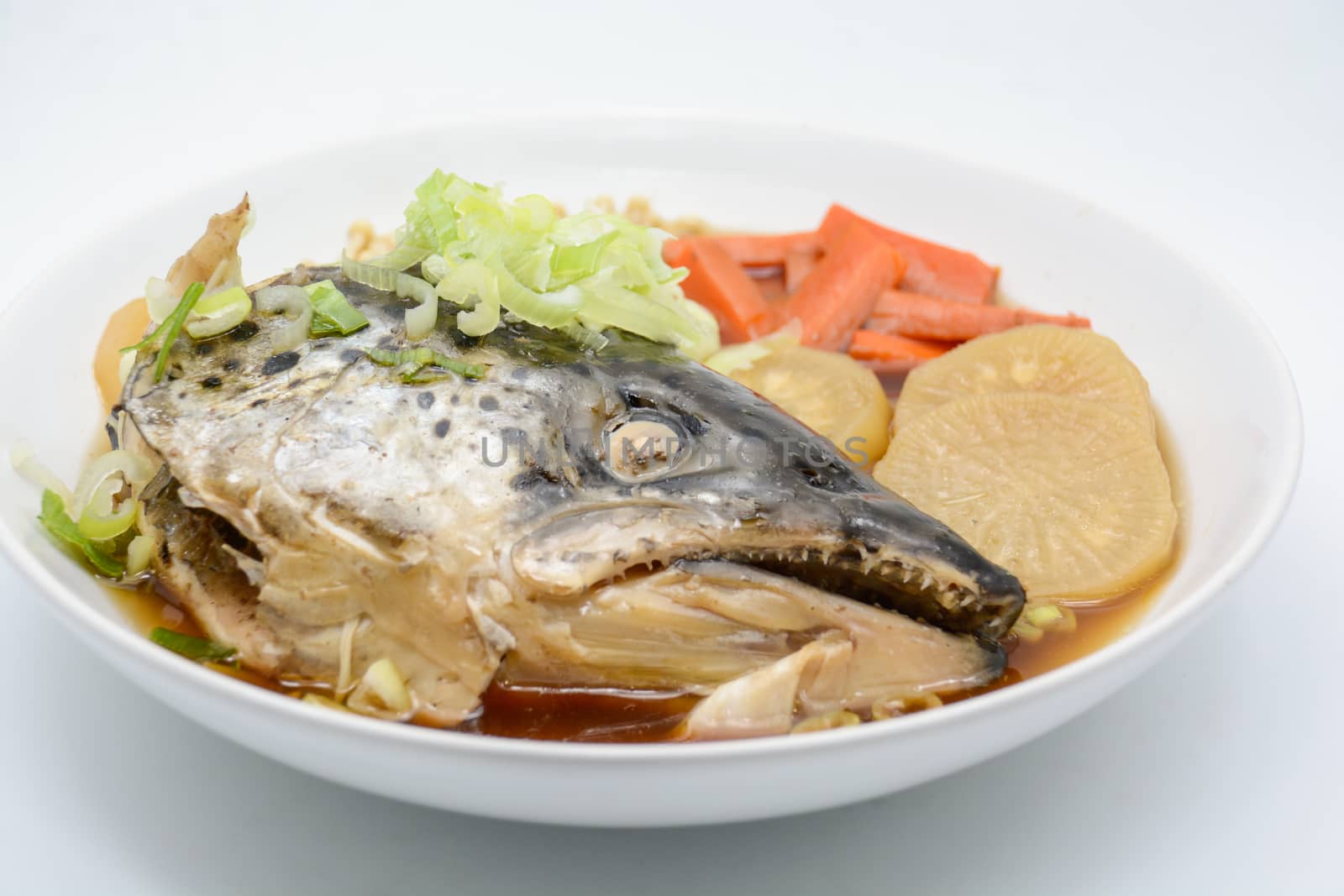 Soup Salmon in soy source with vegetables, Japanese foods by yuiyuize