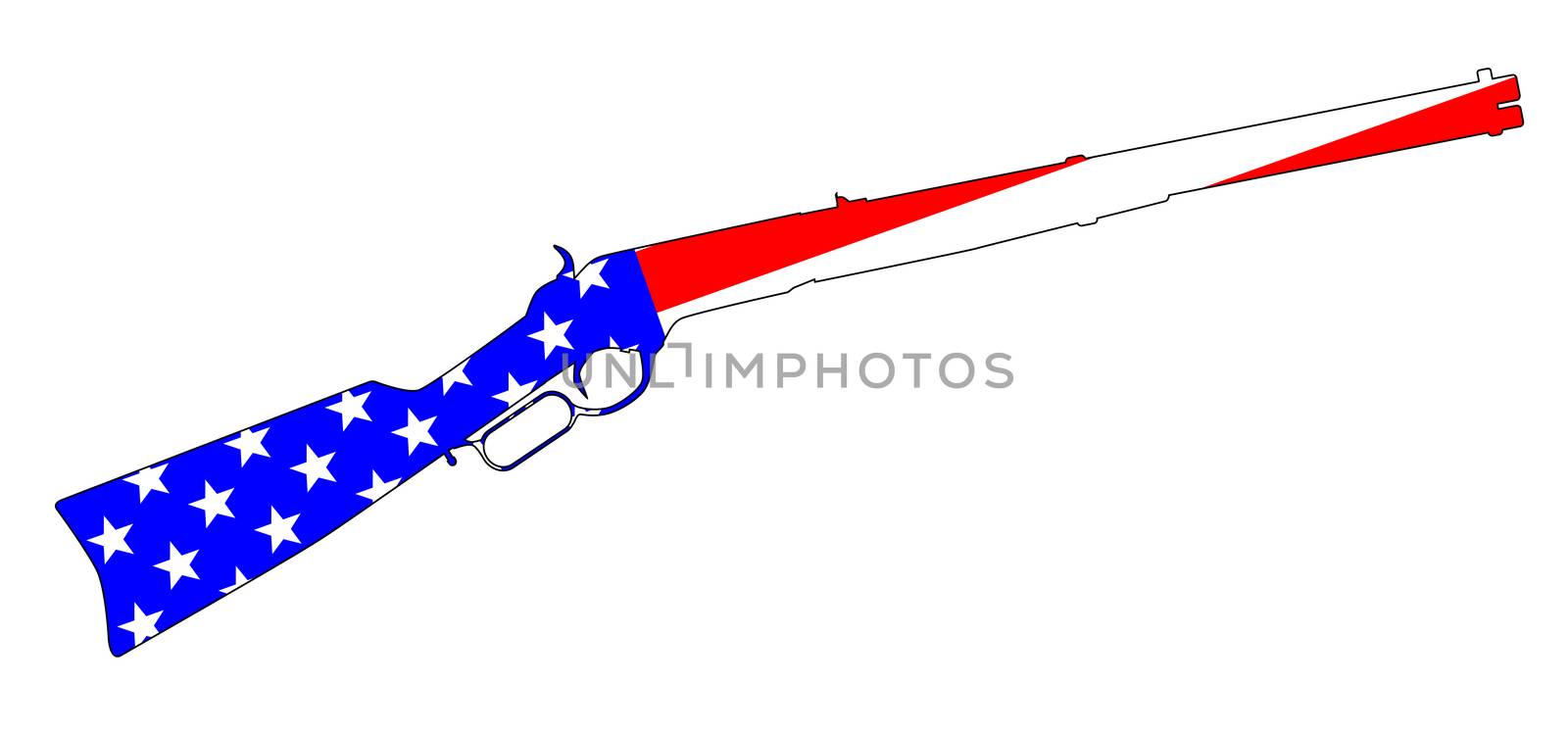 A typical wild west rifle with Stars and Stripes USA flag isolated on a grunge background.