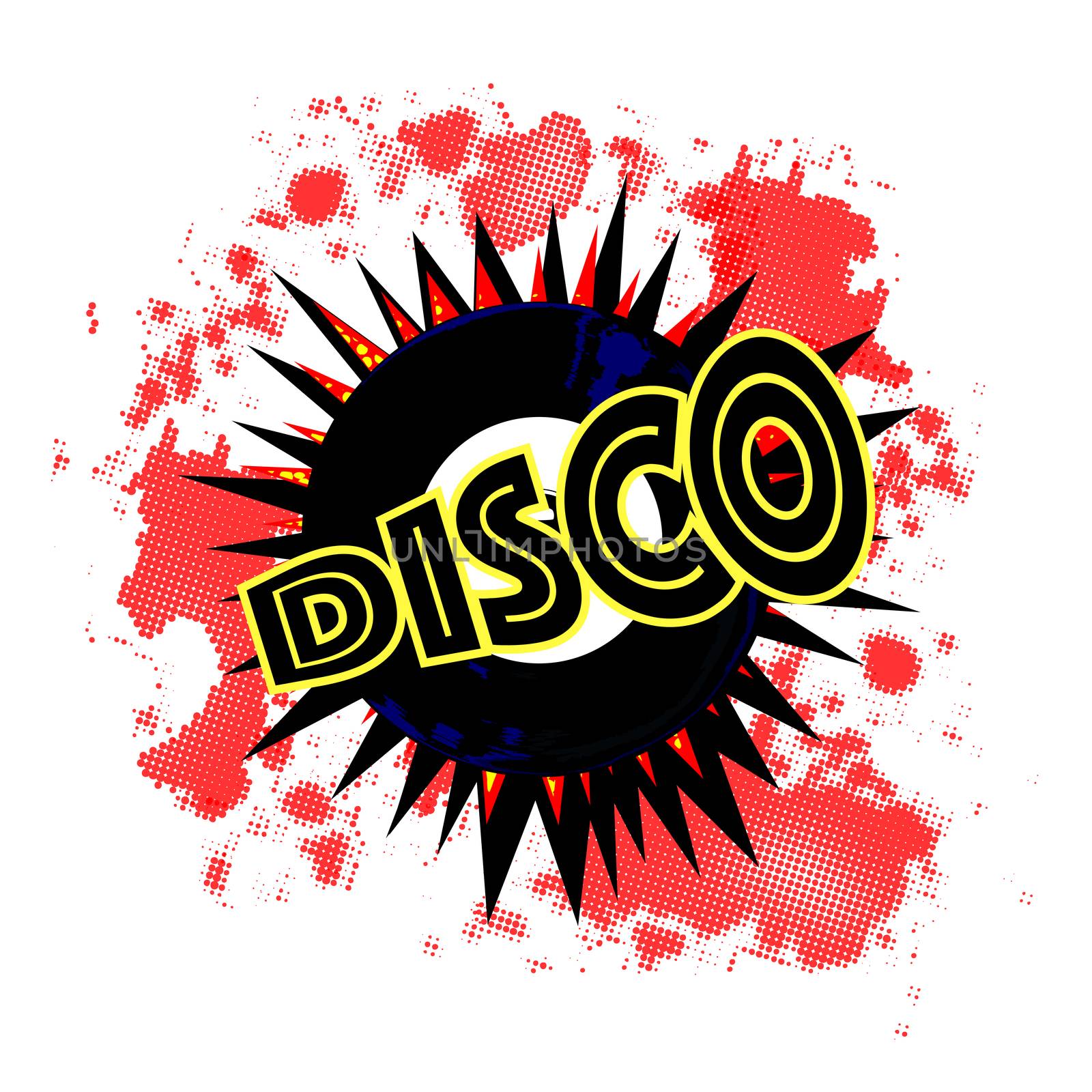 A typical 45 rpm vinyl record with a blank labell over an exploding background proclaiming disco