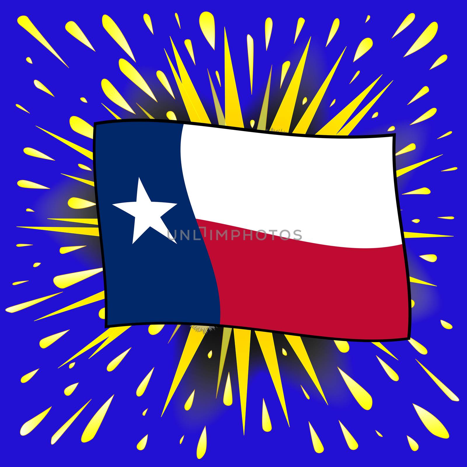 The flag of the USA state of TEXAS over a cartoon style explosion