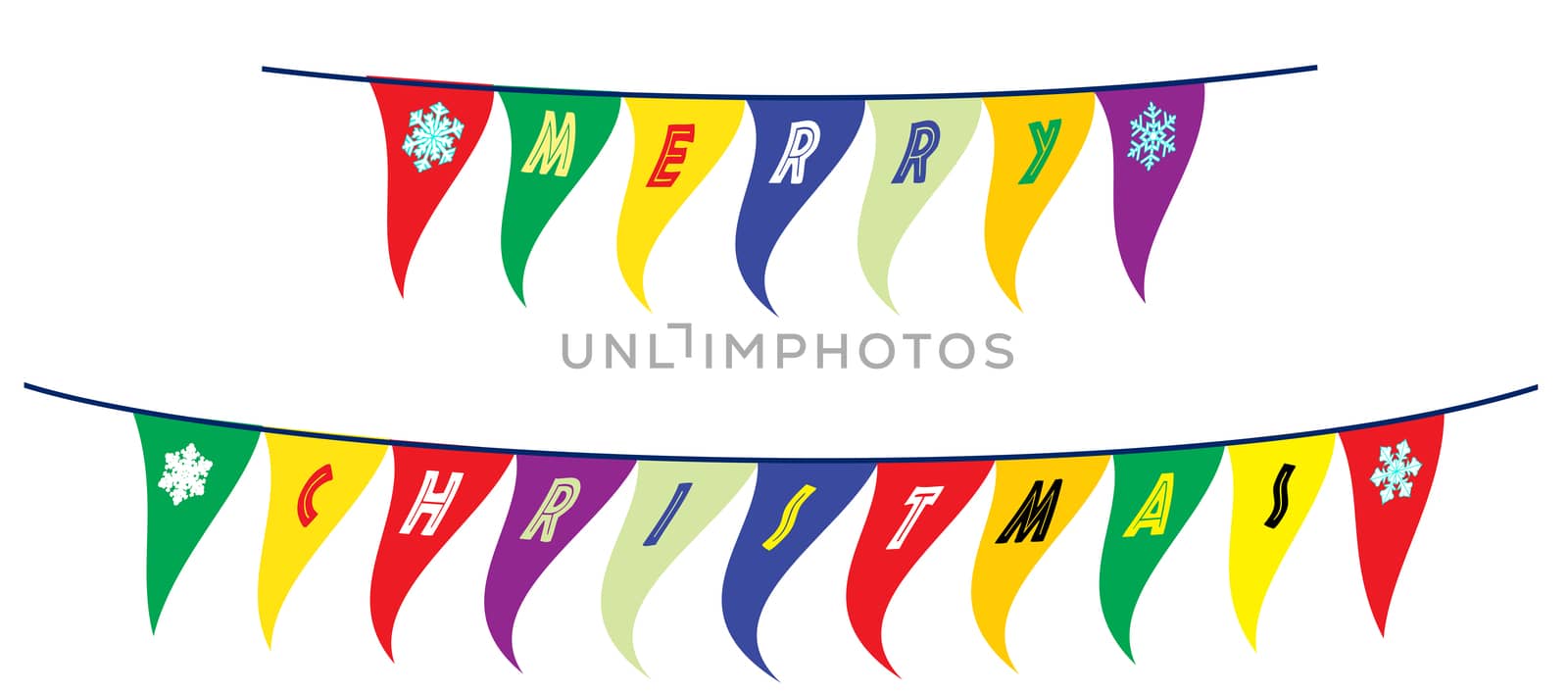 The text Merry Christmas as a line of fluttering bunting on a white background