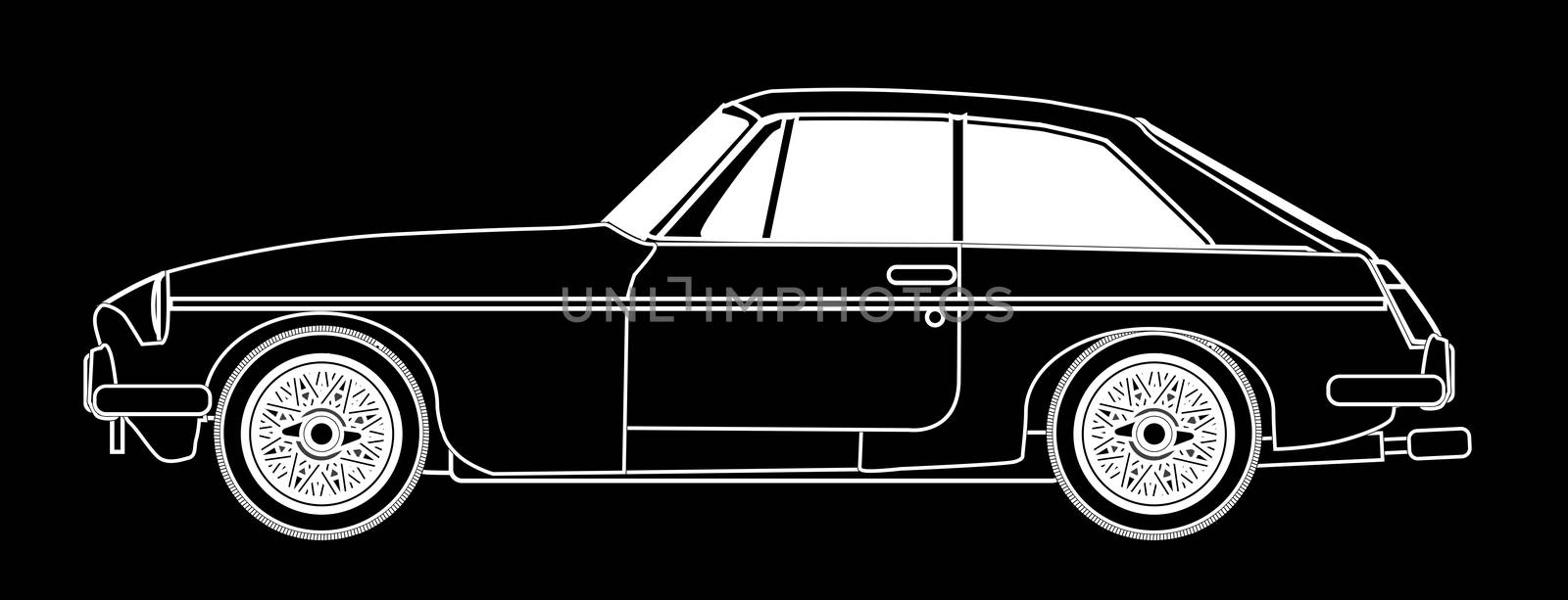 A traditional styled British coupe style sports car in white outline over a black background