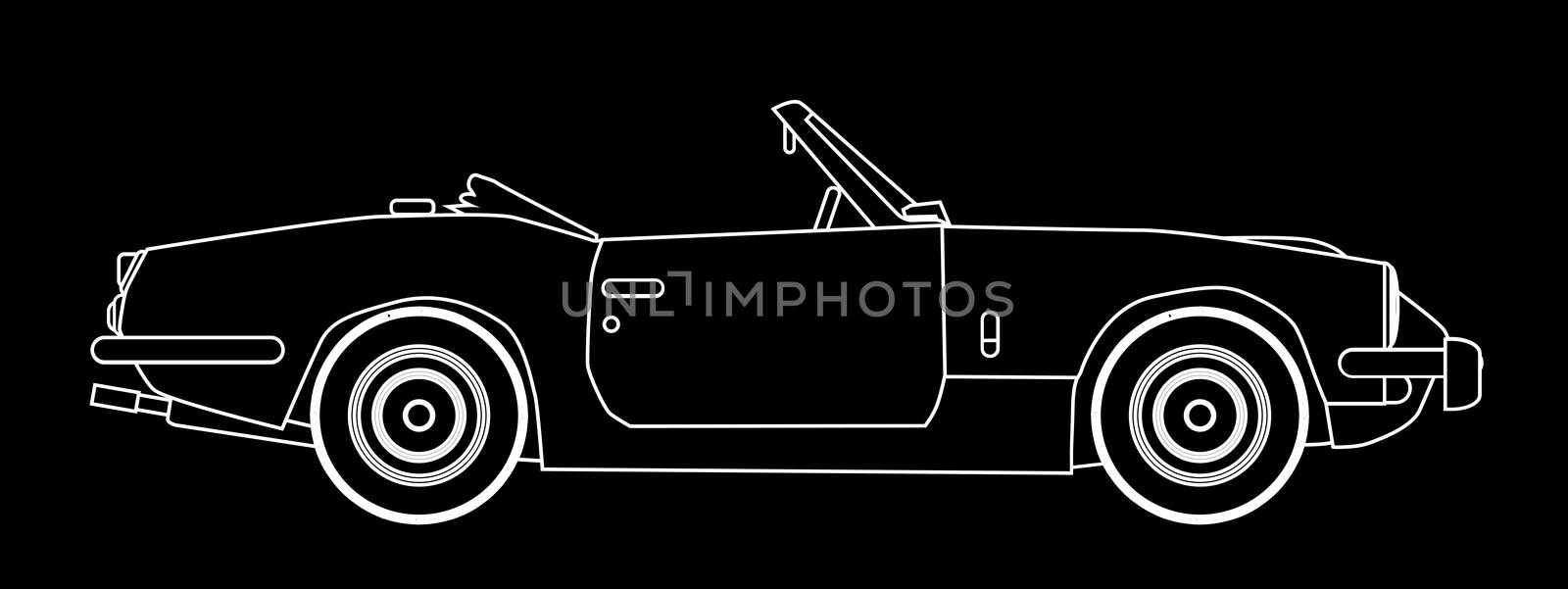 A classic old British sports car in white outline over a black background