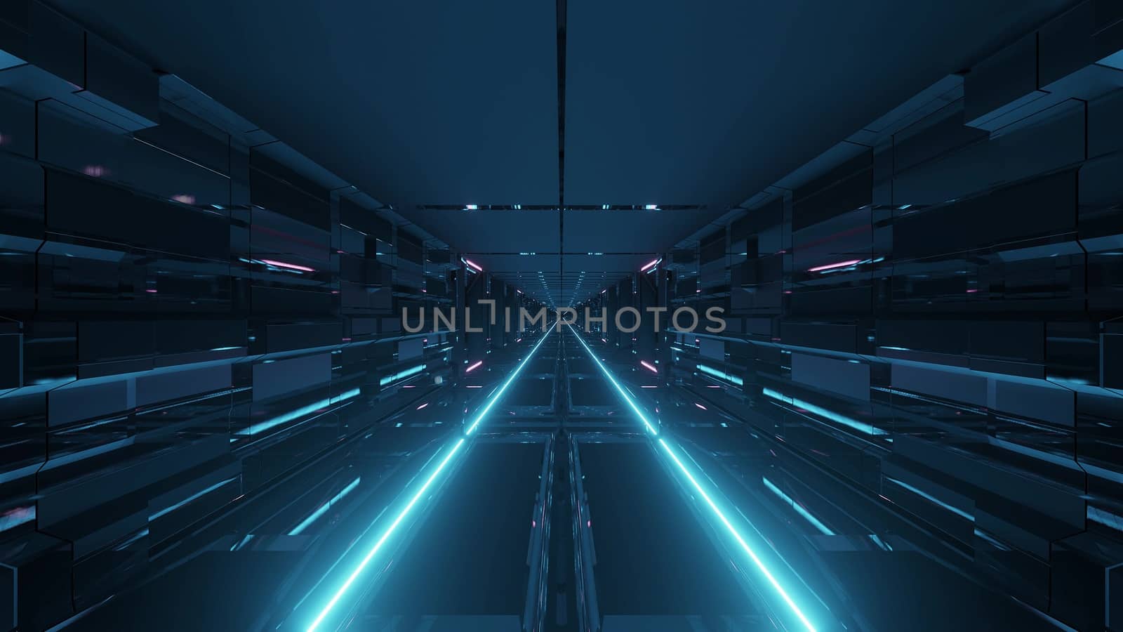 futuristic technical science-fiction tunnel corridor with endless glowing lights 3d illustration background wallpaper graphic artwork, scifi hangar with reflective glass windows 3d rendering design