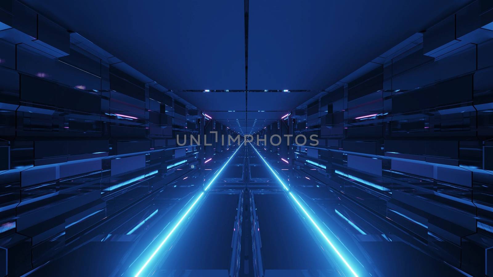 futuristic technical science-fiction tunnel corridor with endless glowing lights 3d illustration background wallpaper graphic artwork by tunnelmotions