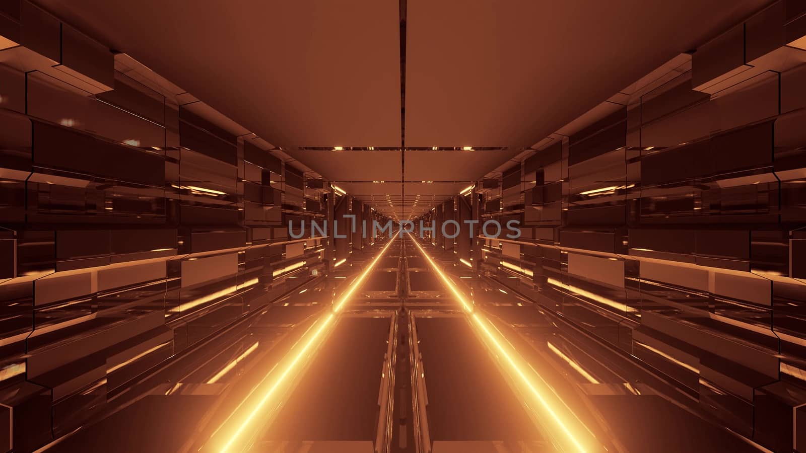 futuristic technical science-fiction tunnel corridor with endless glowing lights 3d illustration background wallpaper graphic artwork, scifi hangar with reflective glass windows 3d rendering design