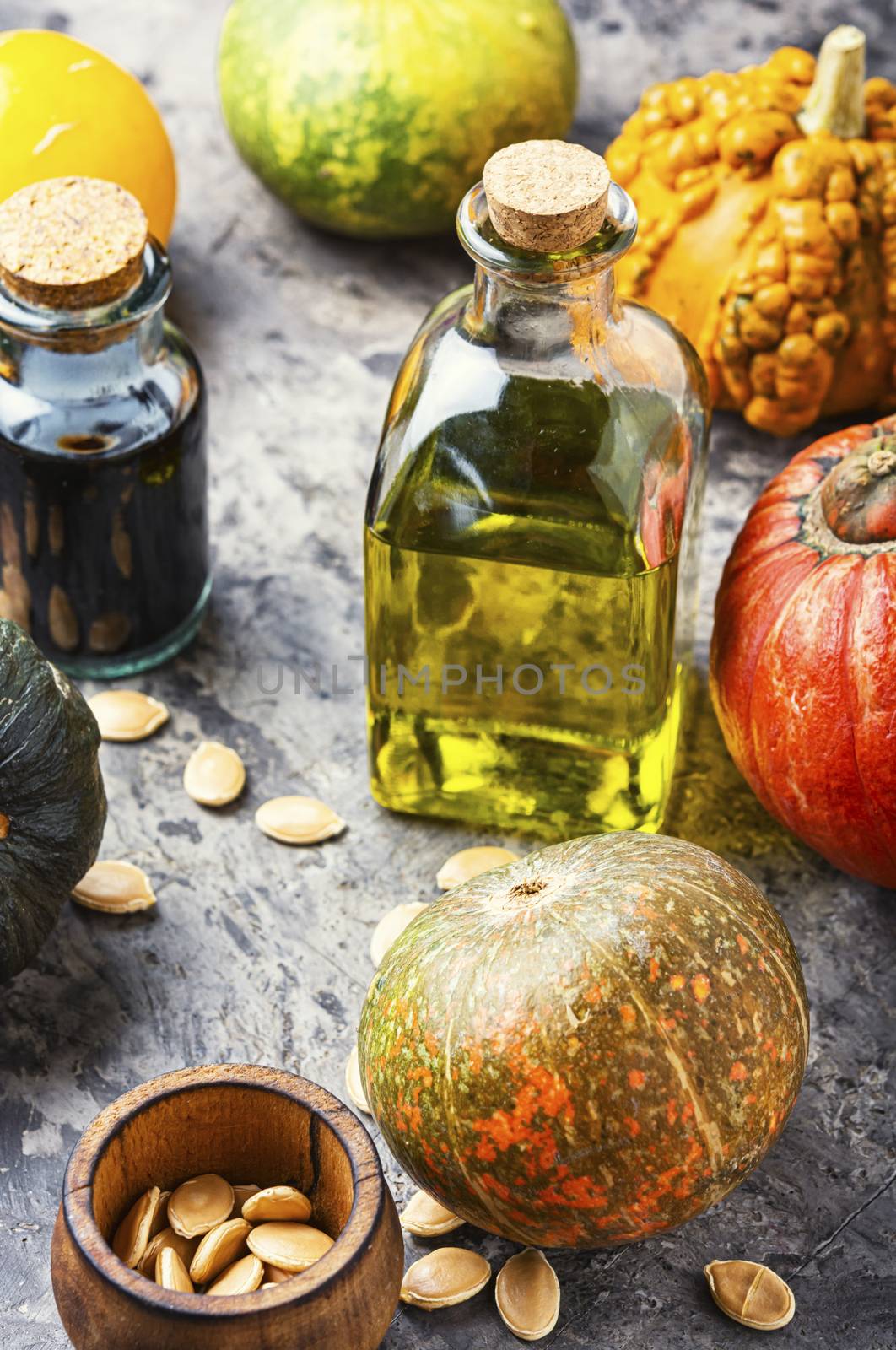 Pumpkin and healthy pumpkin seed oil.Autumn food