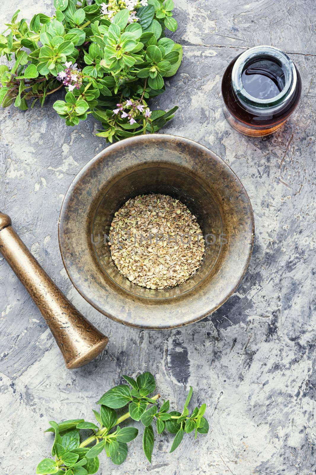 Bottle of oregano essential oil with fresh and dry oregano leaves