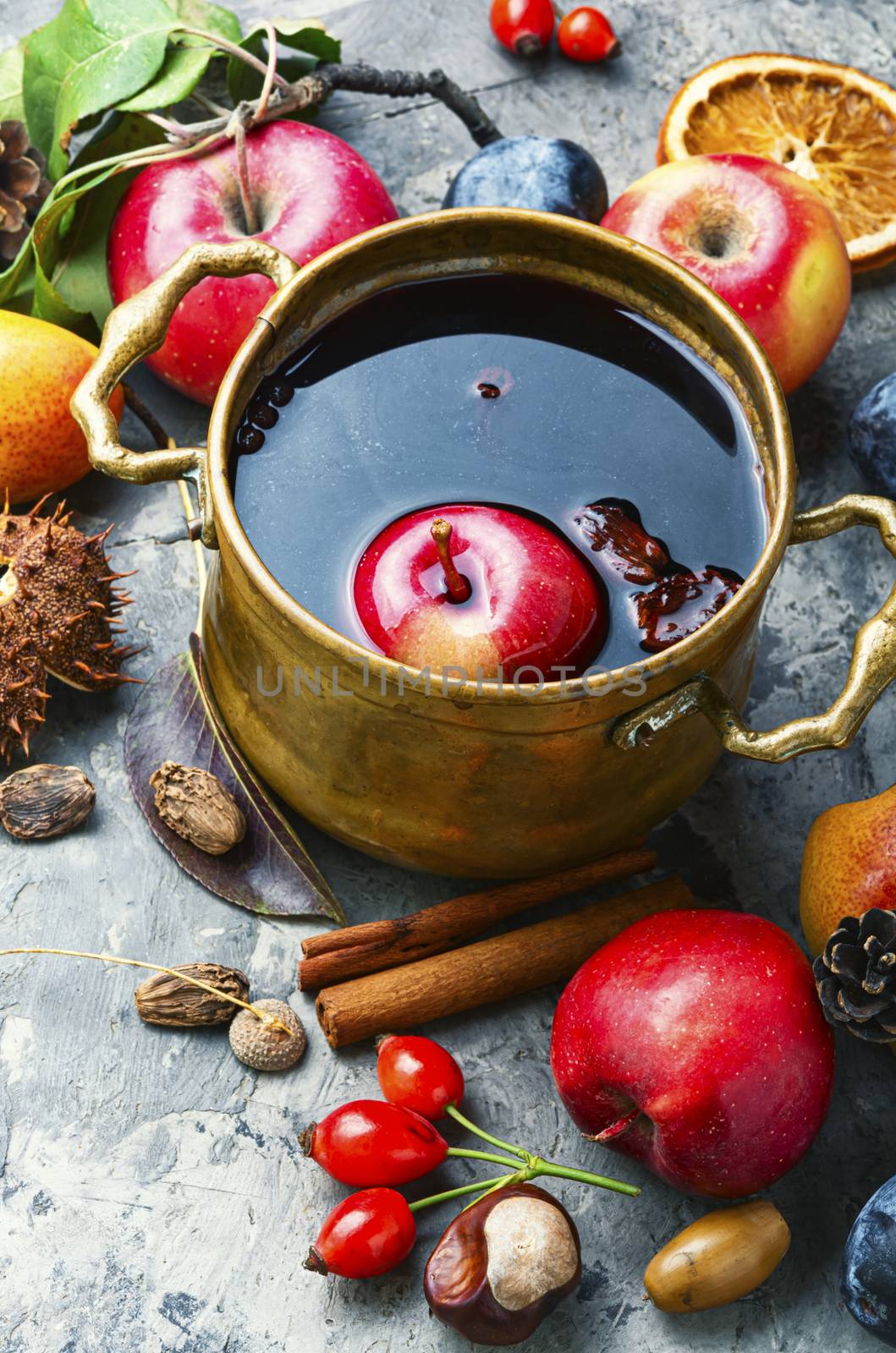 Mulled wine in a stylish bowl.Warm autumn alcoholic drink