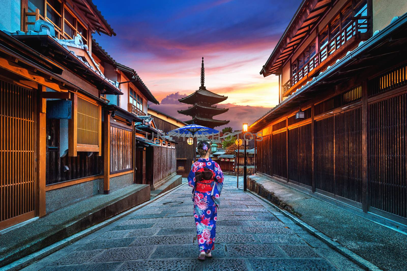 Asian woman wearing japanese traditional kimono at Yasaka Pagoda and Sannen Zaka Street in Kyoto, Japan. by gutarphotoghaphy