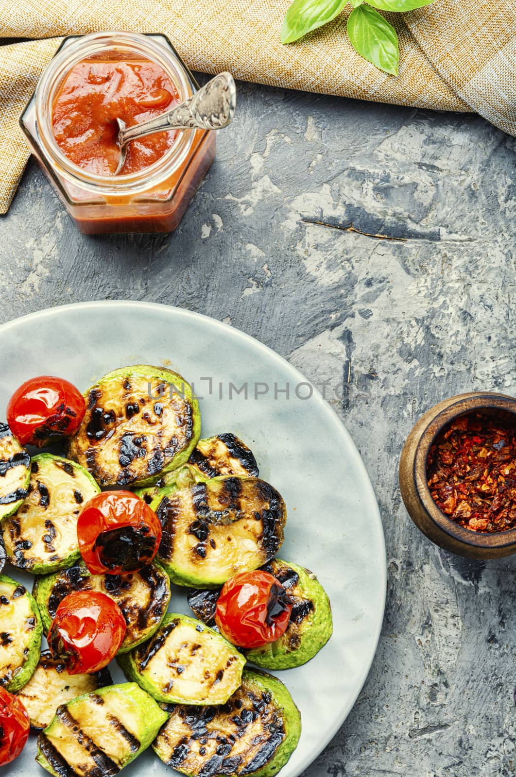 Delicious grilled vegetable.Picnic,summer food.Closeup.Background of grilled vegetables