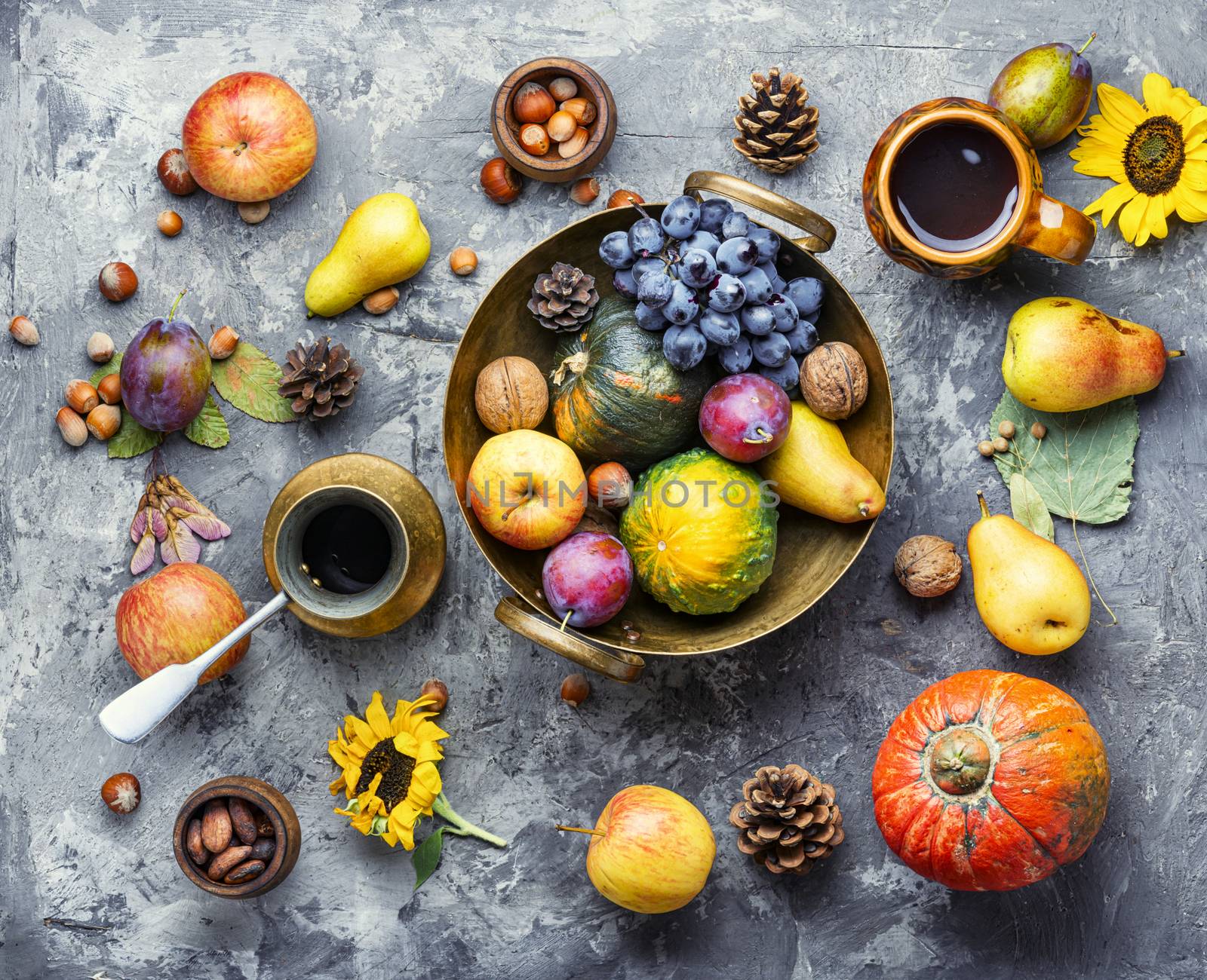 Autumn composing with pumpkin, fruit and fall leaves.Fall still life