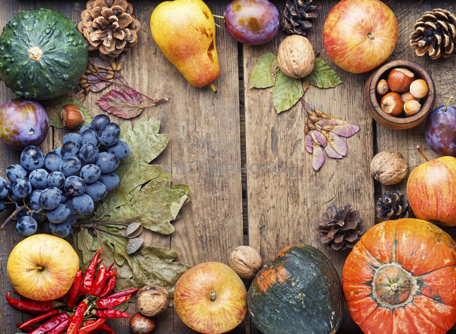 Pumpkins,nut and fruits in autumn still life on wooden table.Fall still life