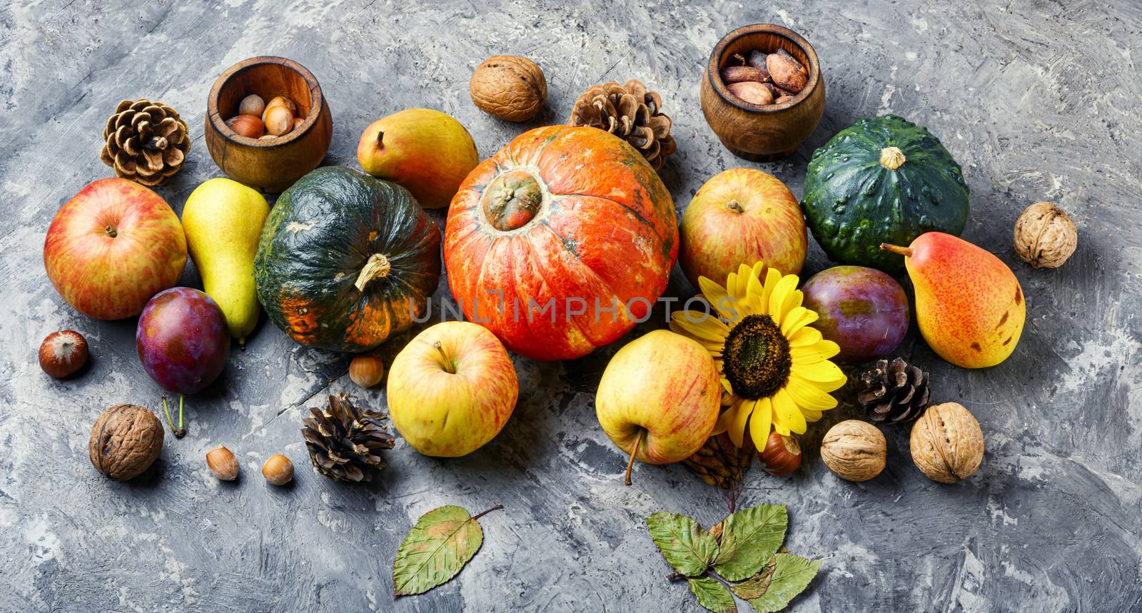 Autumn composing with pumpkin, fruit and fall leaves