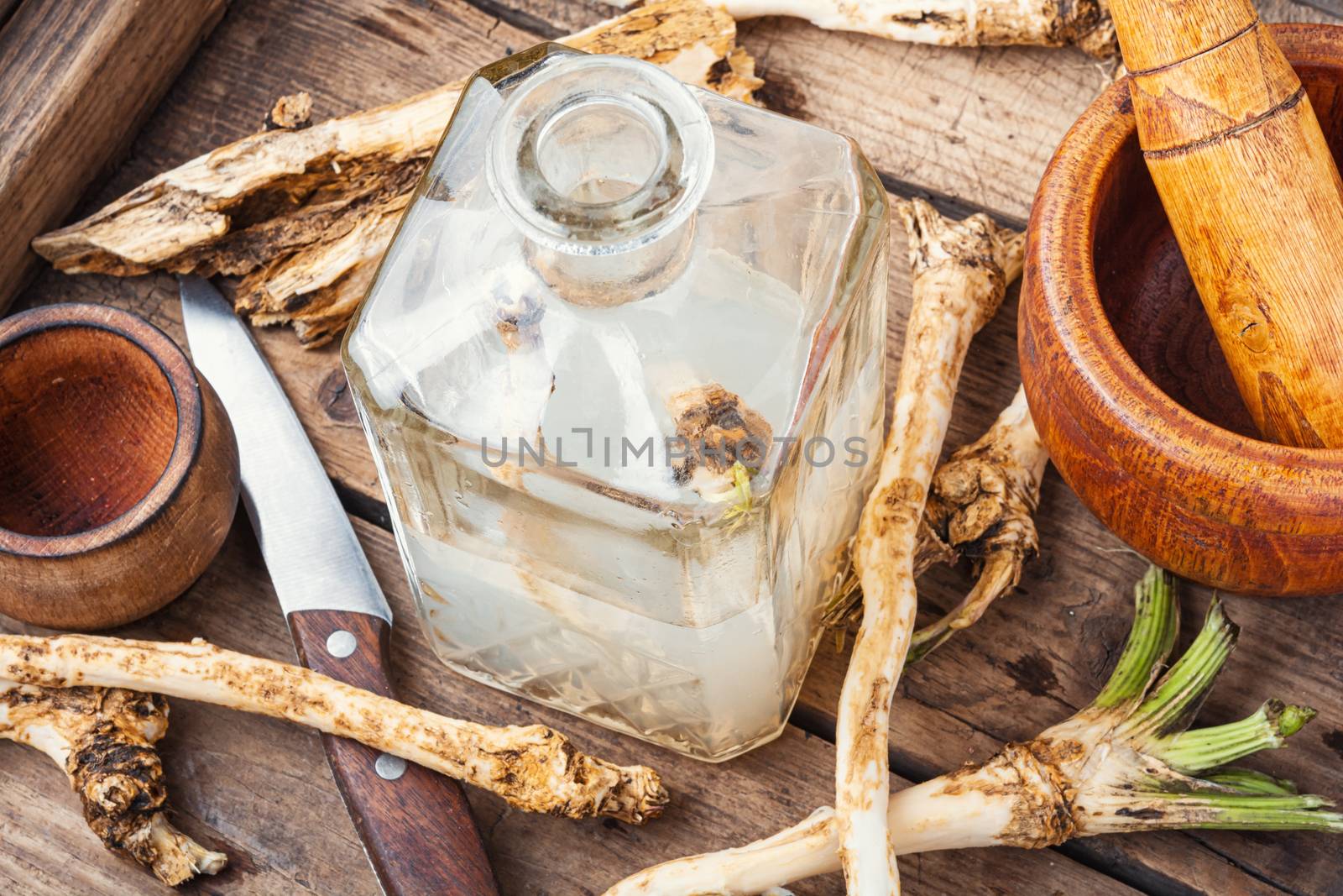 Traditional alcoholic drink from horseradish roots.Russian or Ukrainian cuisine