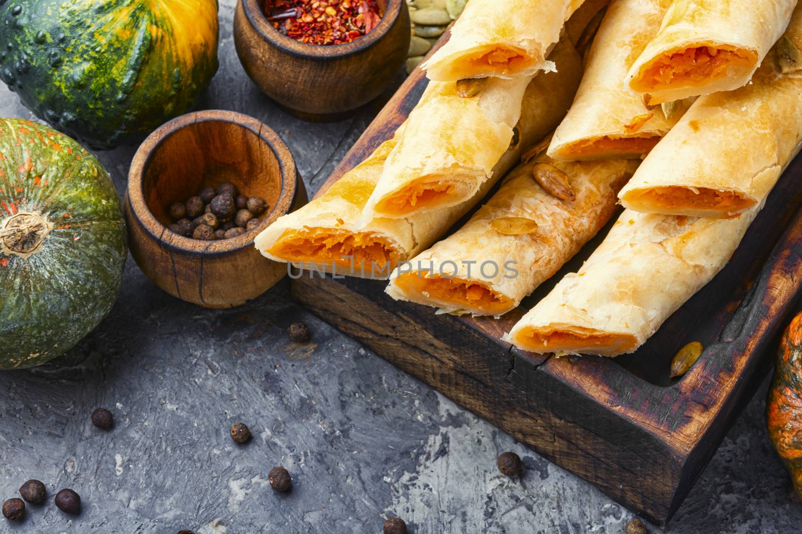 Moldovan pie made of yeast puff pastry.Placinta.Moldavian pastry stuffed with pumpkin