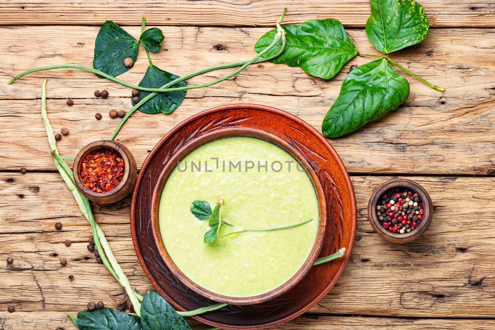 Green asparagus bean soup.Vegetable soup.Summer food.Diet food.Top view