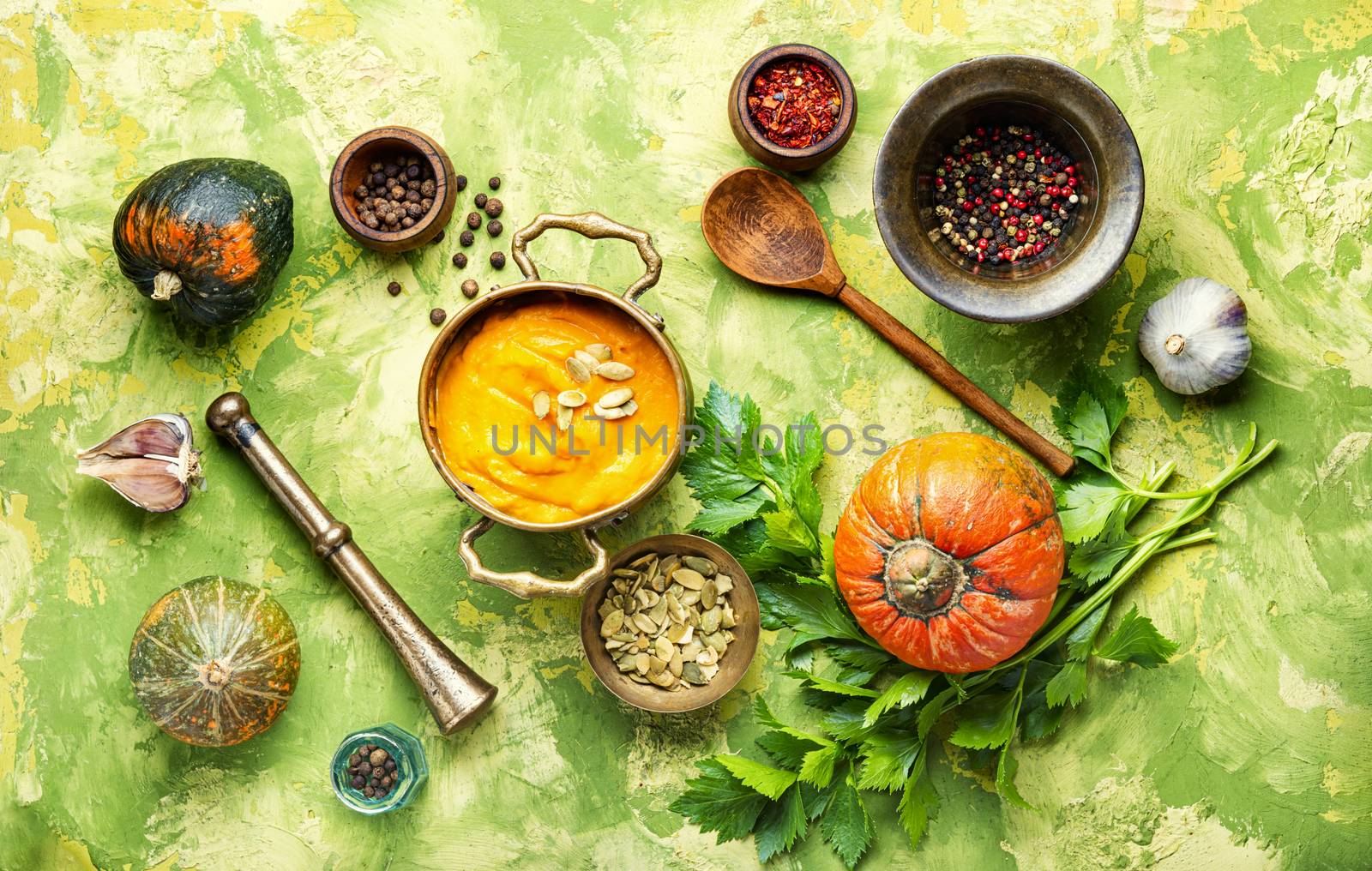 Pumpkin soup in a metal pot by LMykola