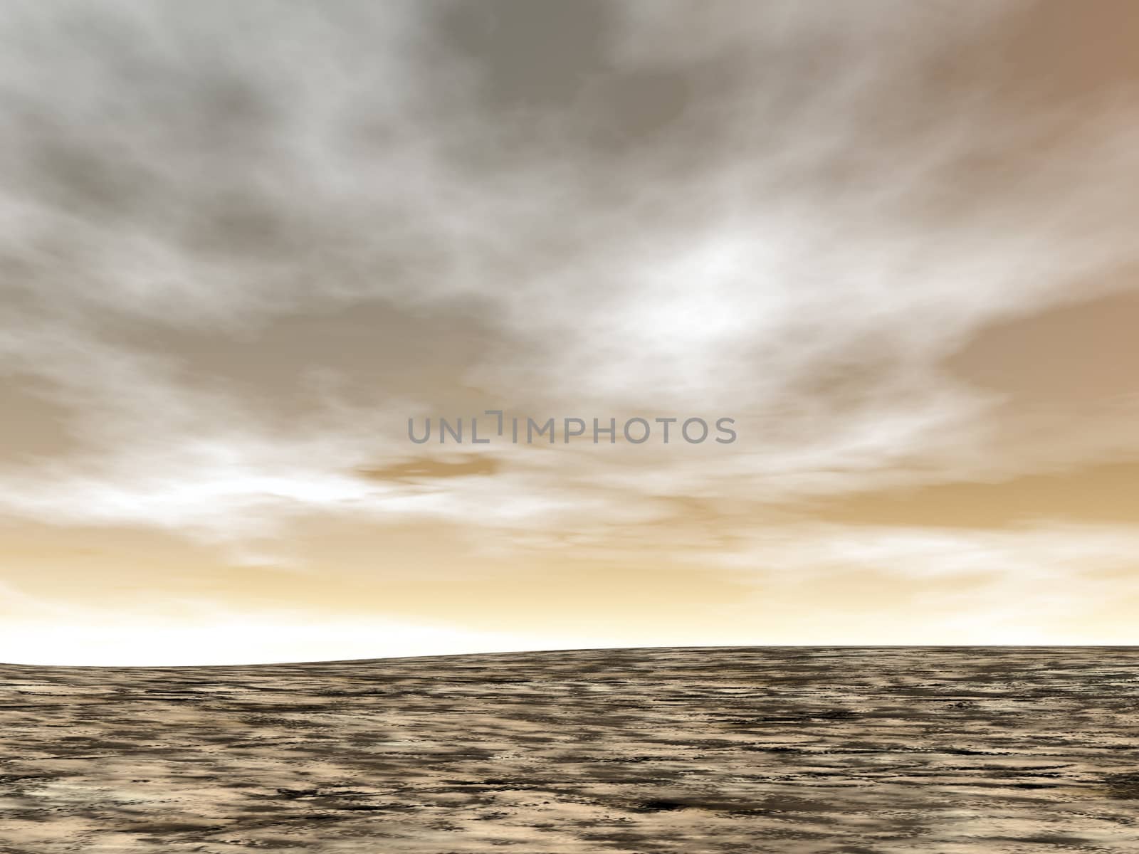 Dry and arid ground by brown sunset with clouds - 3D render