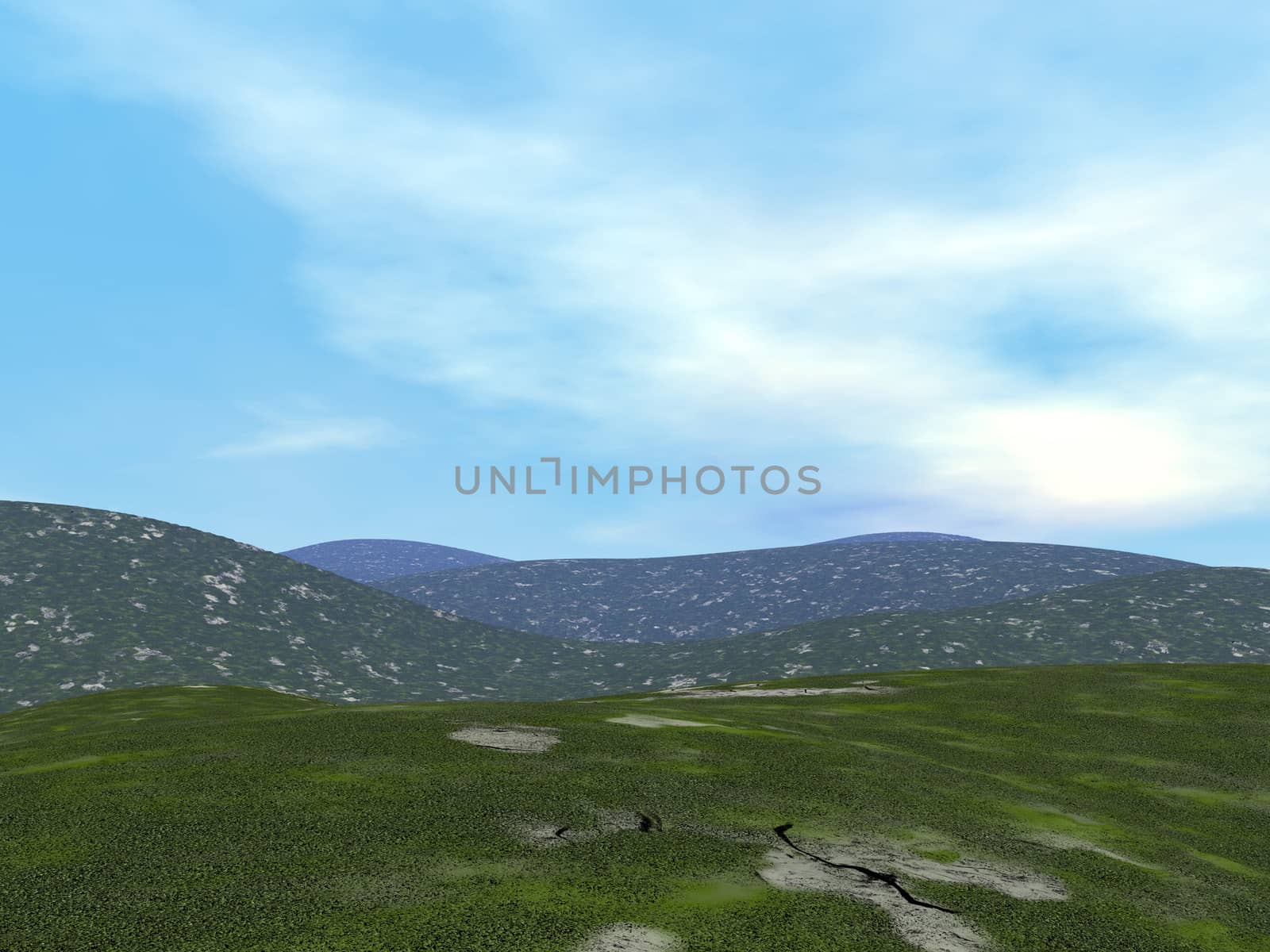 Green hills by beautiful day - 3D render by Elenaphotos21