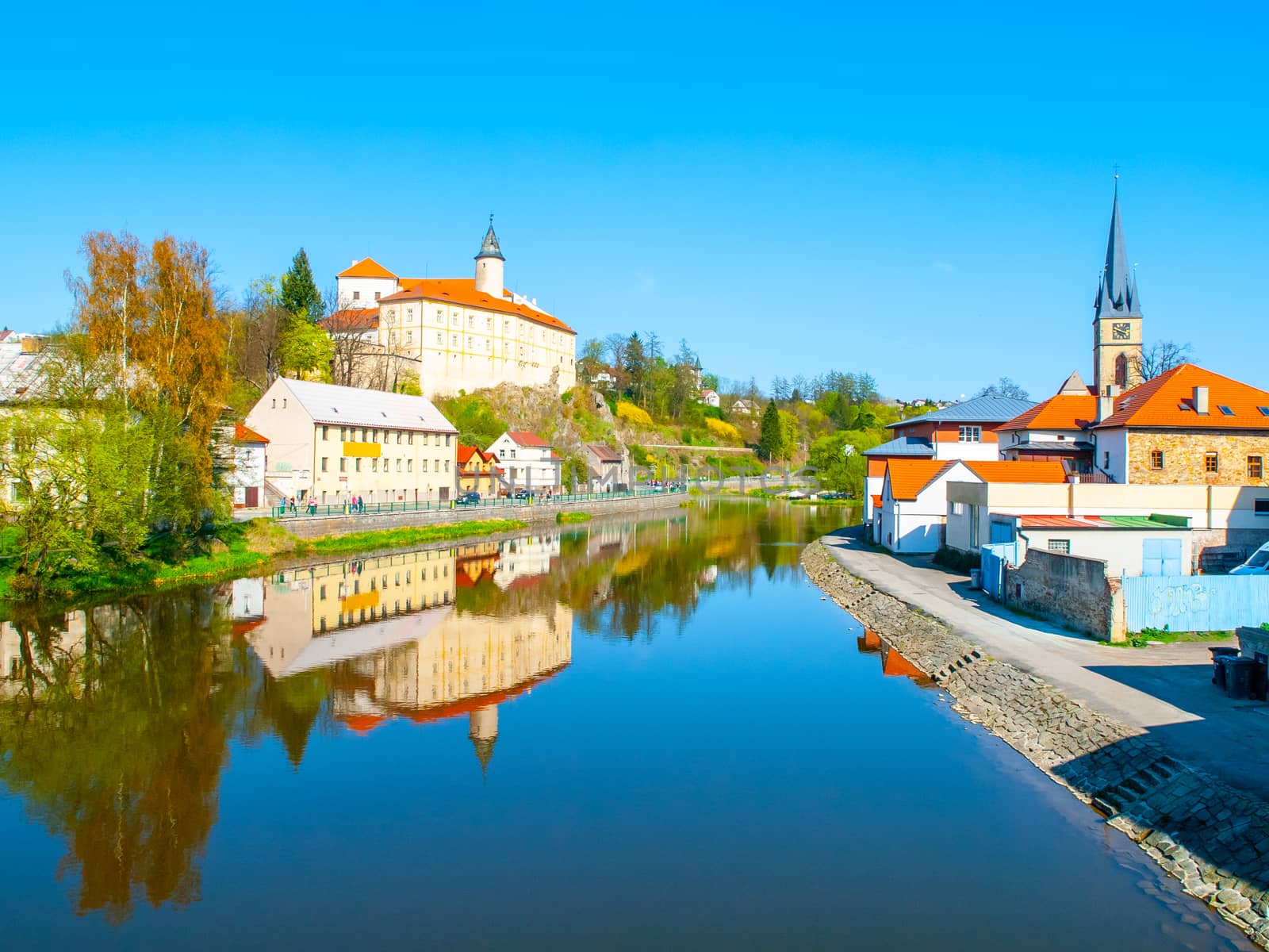 Sazava River in Ledec nad Sazavou. Panoramic view with Ledec Castle and town centre by pyty