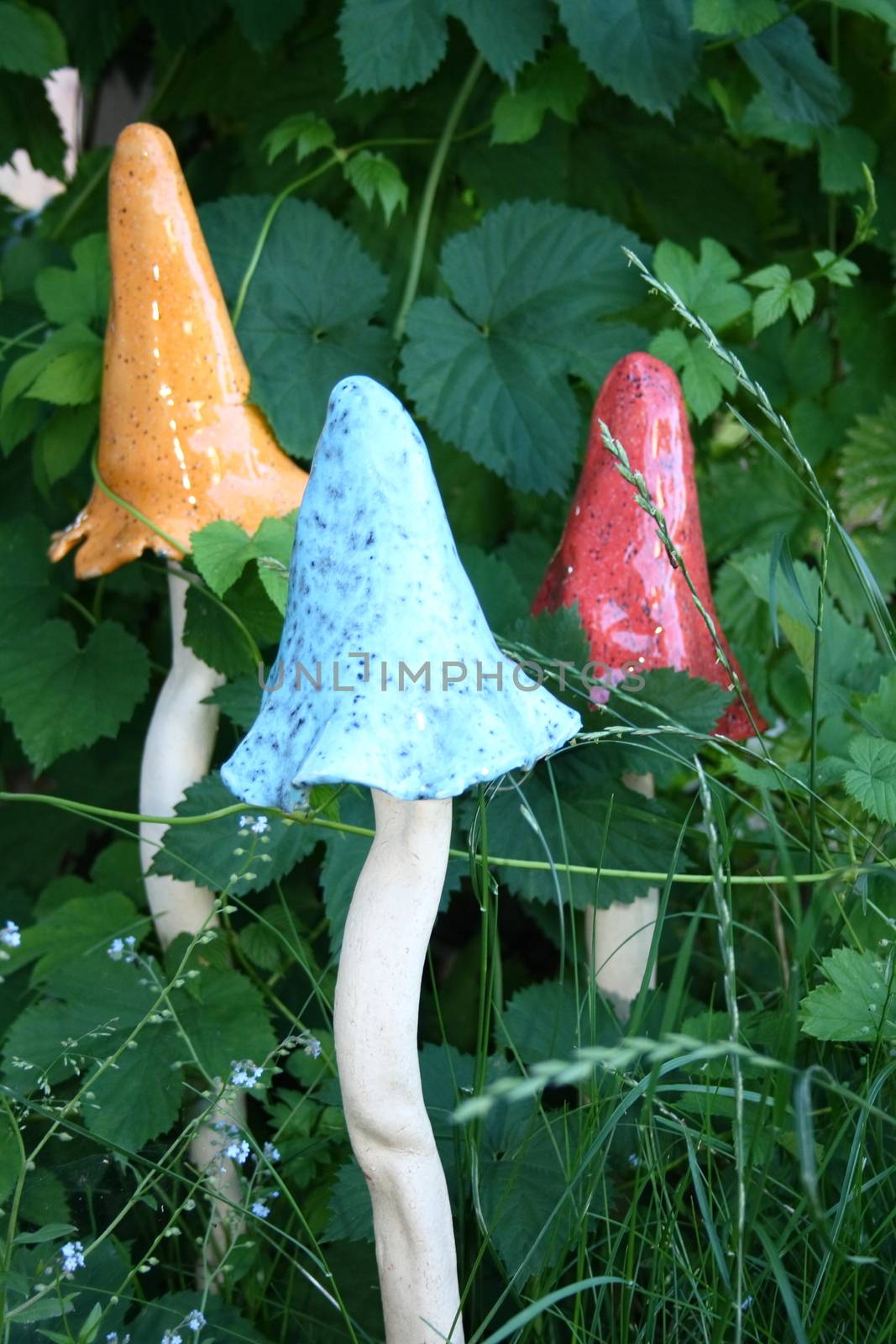 Three Handmade Mushrooms, White stem and colorful caps