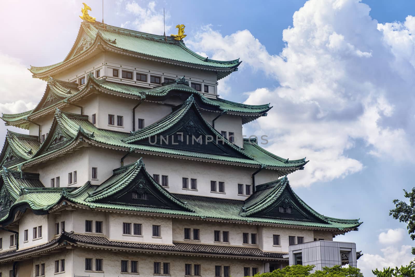 Japan Castle in Nagoya. Summer day. Famous Japanese castle with a green roof.