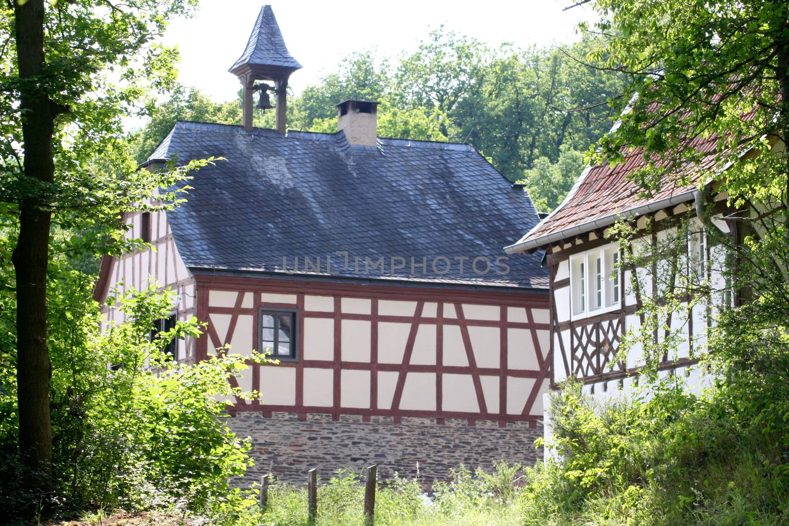 An old beautiful renovated half-timbered House, with trees in the background