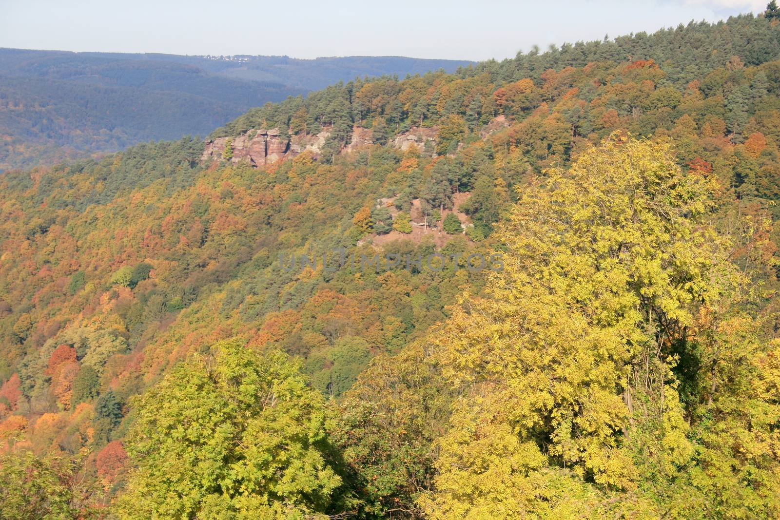 An autumn mountain landscape with forest and rocks
