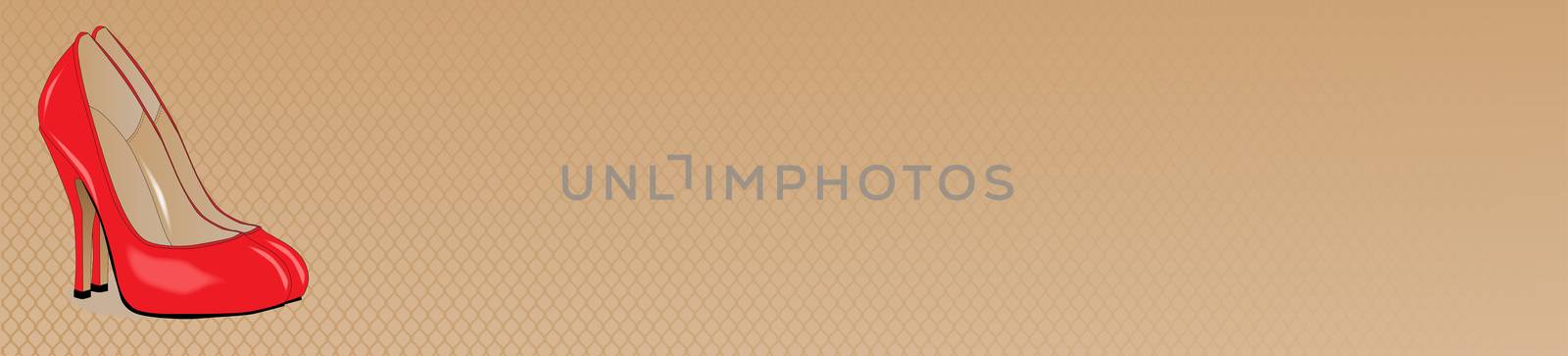 A pair of red stiletto heel shoes as a website banner set against a nylon stocking mesh background