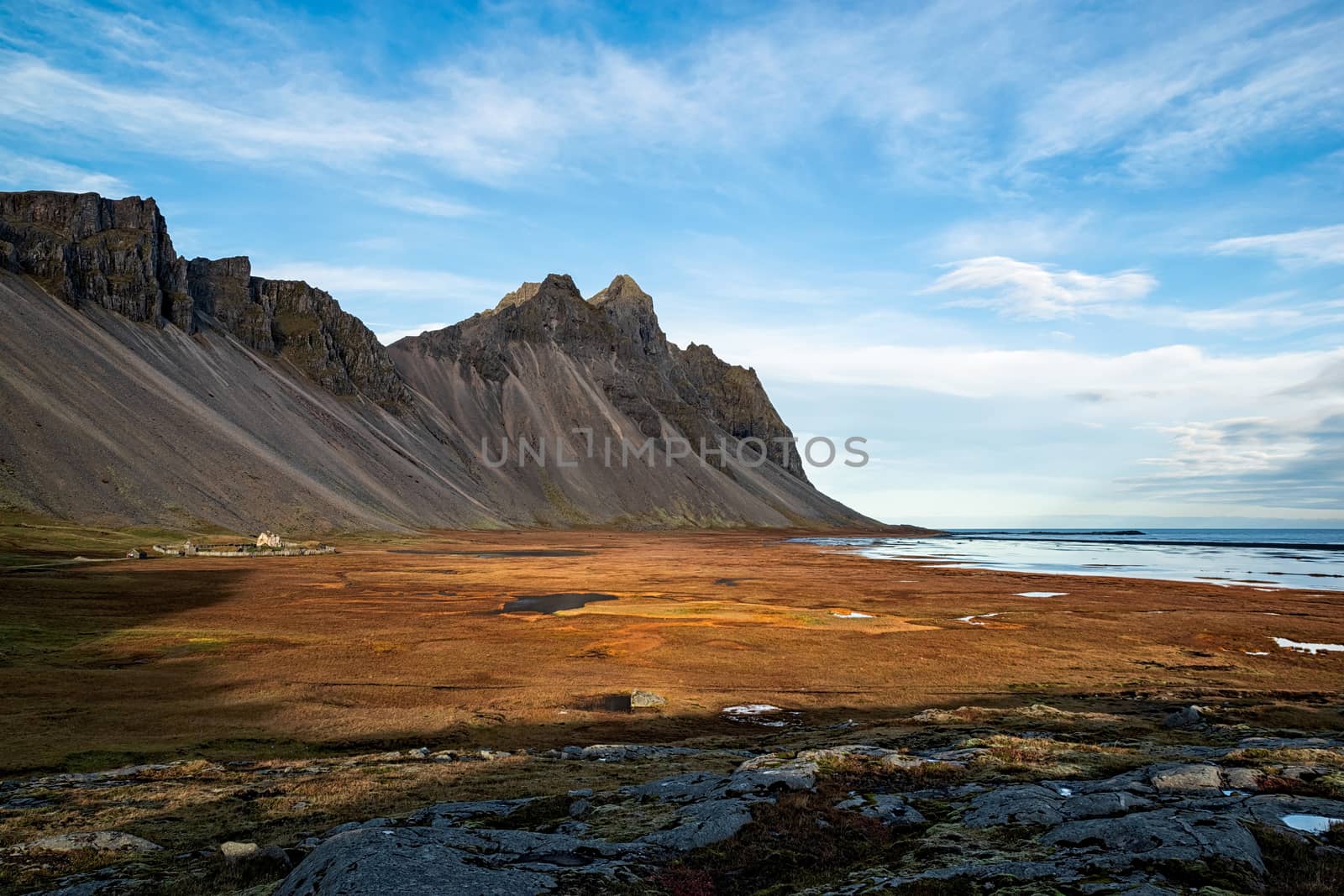 Vestrahorn mountain and viking village near the sunset in Iceland