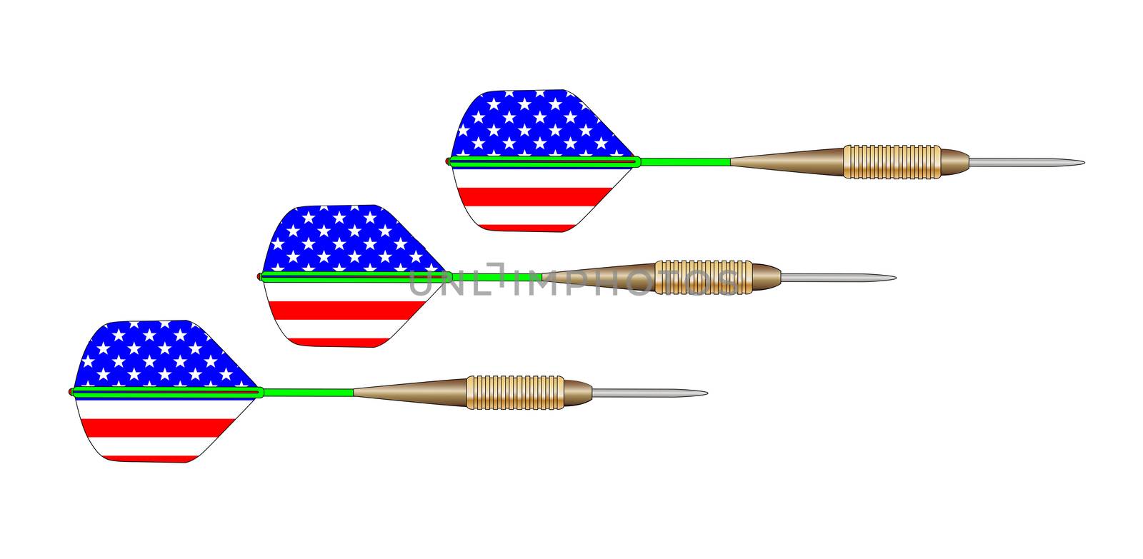 A set of 3 darts with flights in the form of the Stars and Stripes American flag on a white background