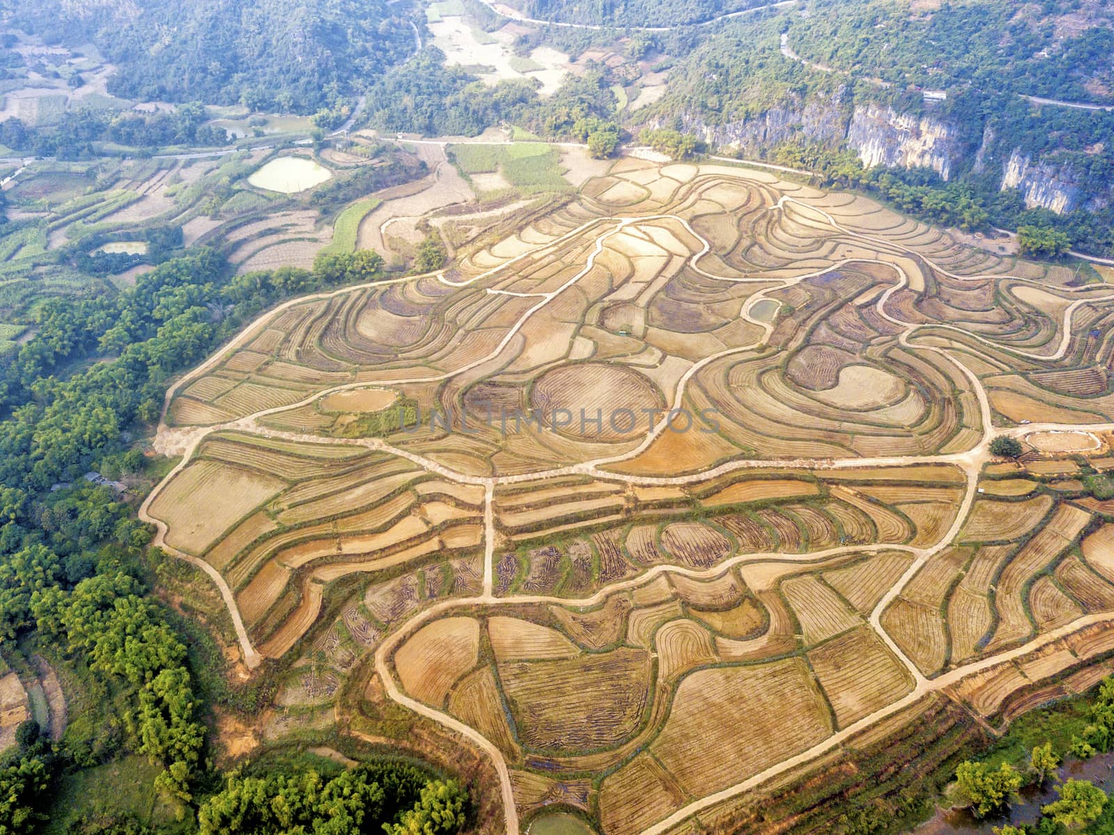 The bird's eye view of the fields in Chongzuo, Guangxi of China.