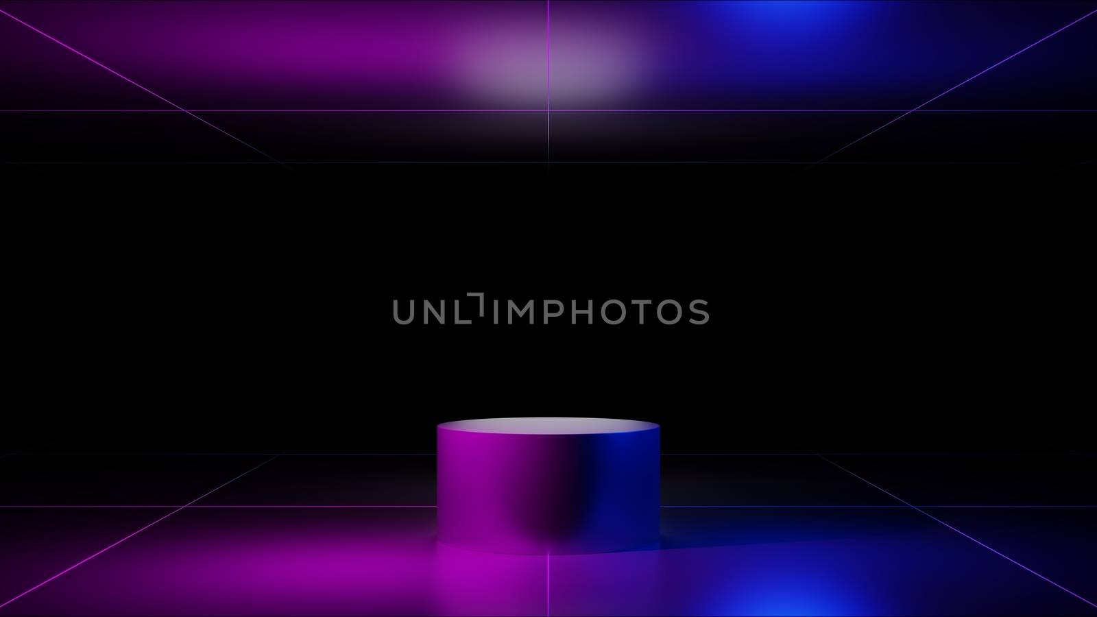 Product display stand for display of content design. Abstract fashion background, ultraviolet neon lights, pink blue vibrant colors, laser show. Banner for advertise product. 3D illustration