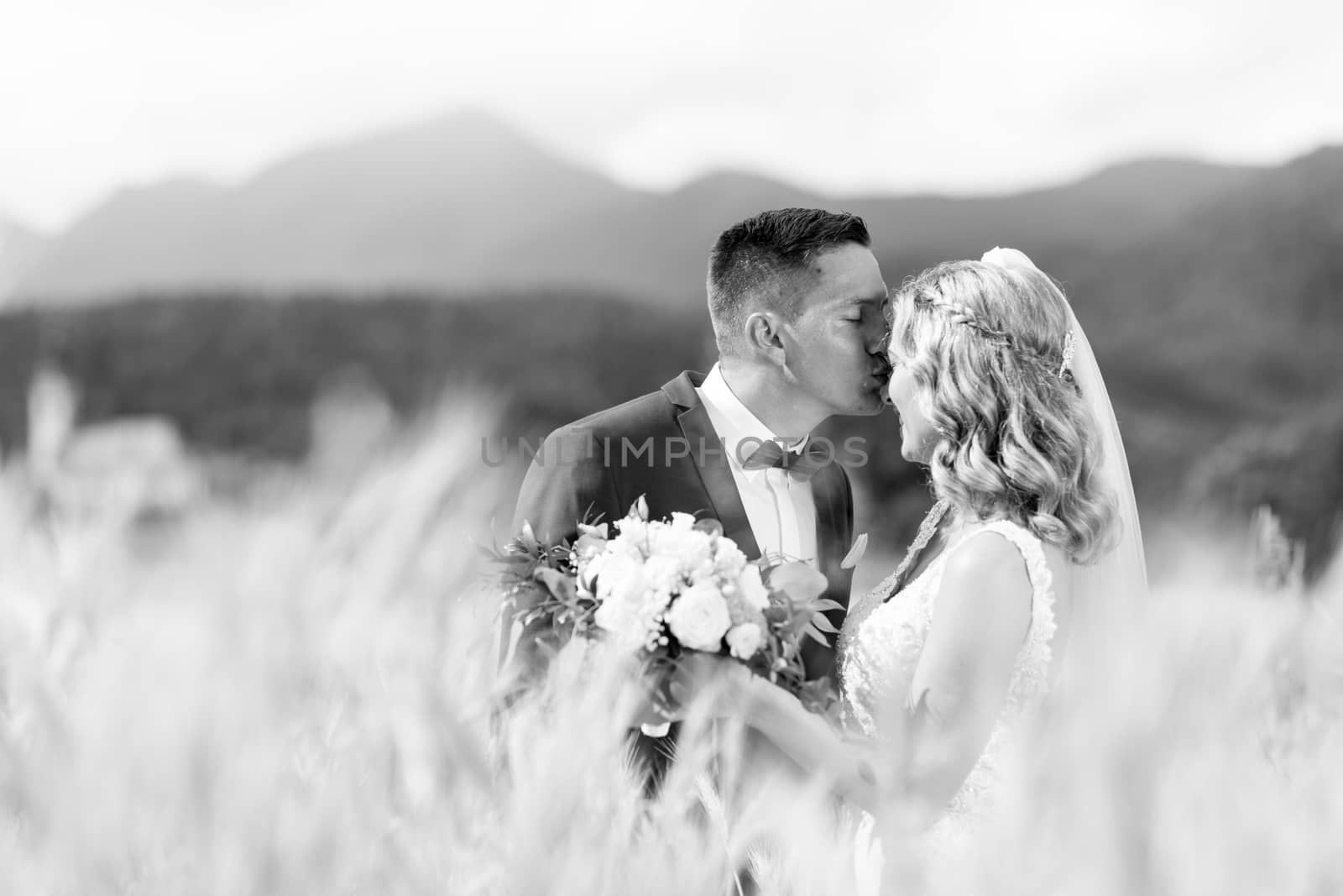 Groom hugging bride tenderly and kisses her on forehead in wheat field somewhere in Slovenian countryside. Caucasian happy romantic young couple celebrating their marriage. Black nad white photo.