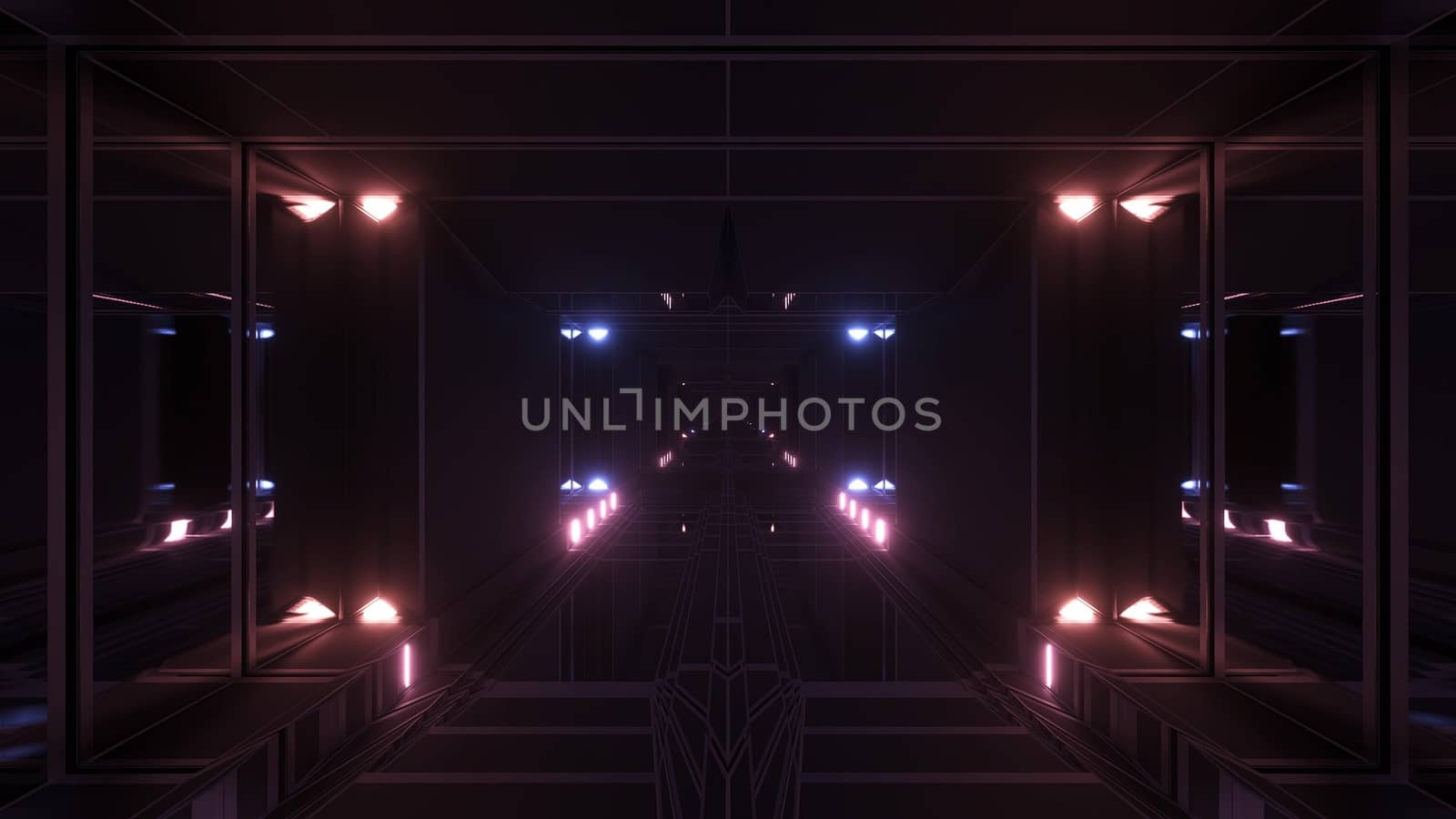 dark atmospheric science-fiction tunnel corridor with glowing lights and reflective glass windows 3d illustration background wallpaper graphic artwork, futuristic scifi tunnel corridor with metal wire-frame contur 3d rendering design