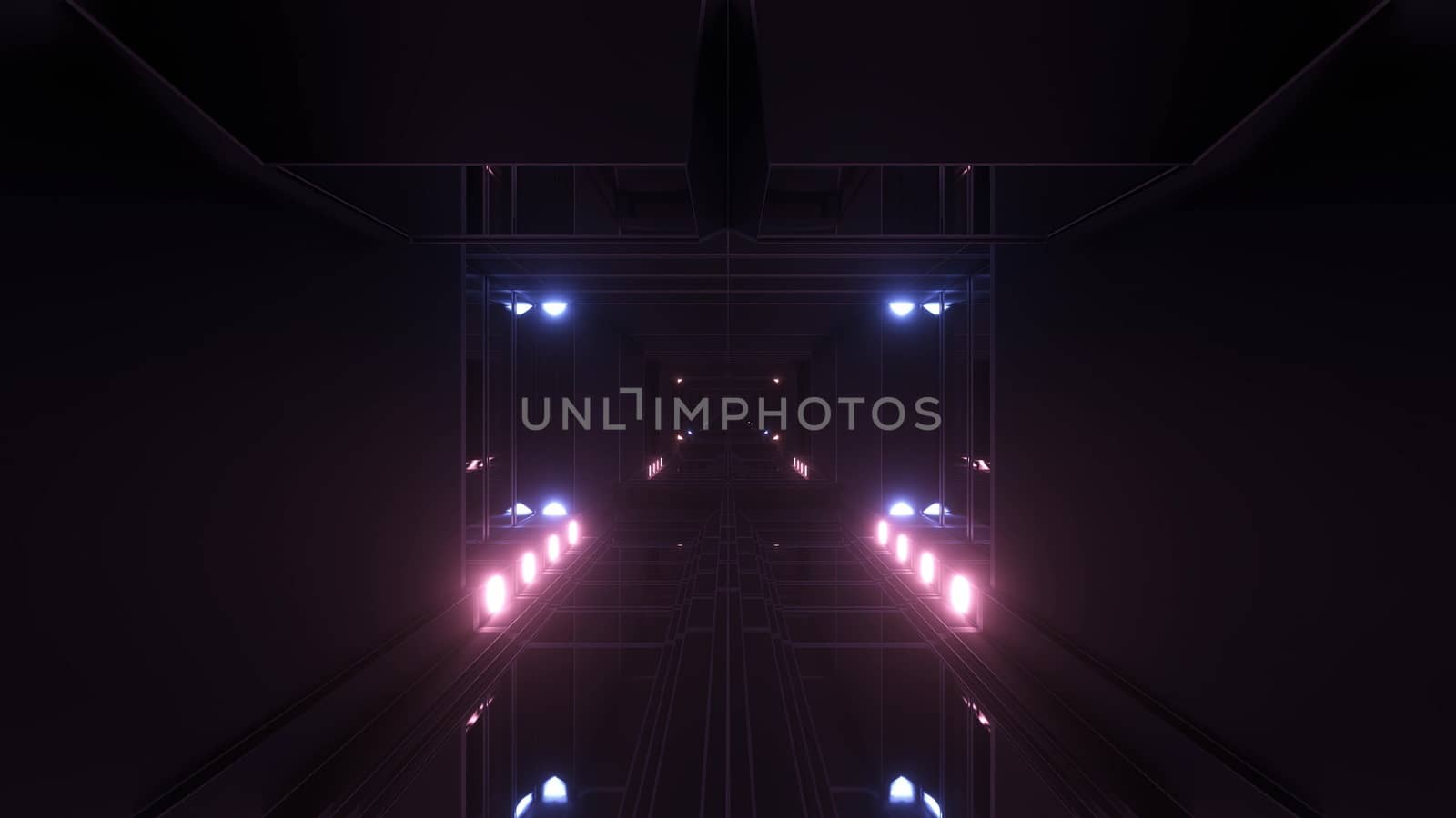 dark atmospheric science-fiction tunnel corridor with glowing lights and reflective glass windows 3d illustration background wallpaper graphic artwork by tunnelmotions